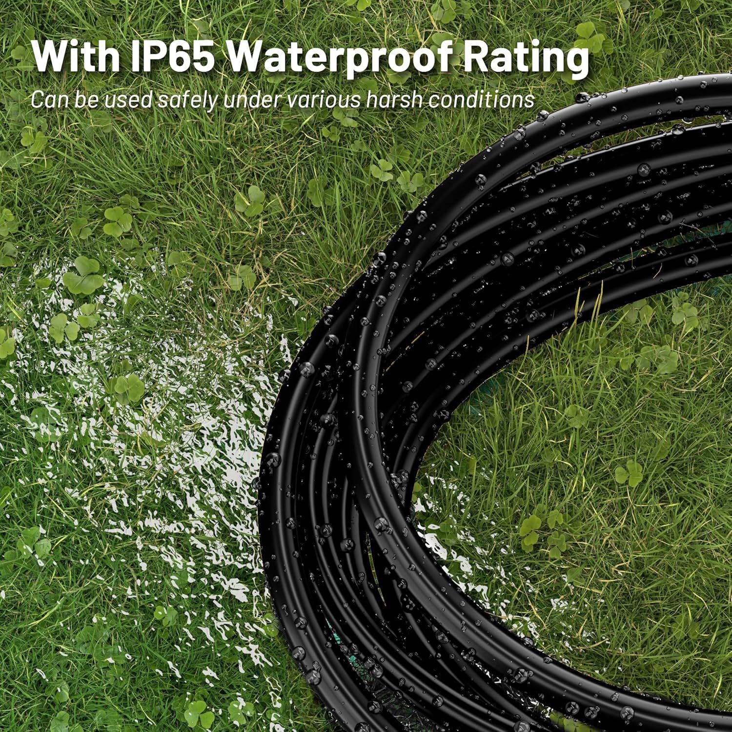 Communicates that the product has an IP65 waterproof certification and can safely withstand harsh outdoor conditions including water exposure. Highlights the product's waterproof capability as a key…
