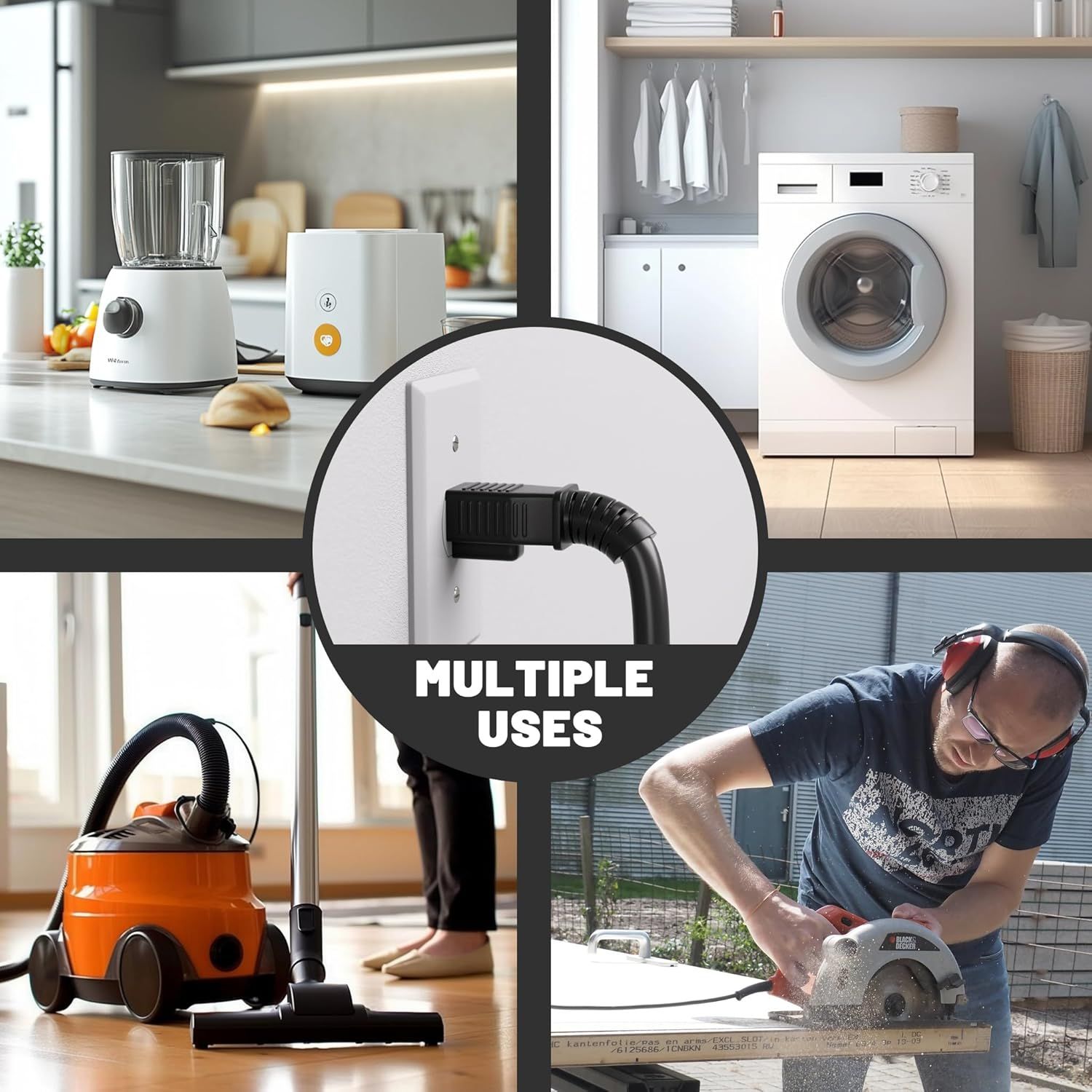 Demonstrates the product's versatility by showing it can be used across multiple environments and applications—kitchen appliances, laundry, vacuum cleaning, and power tools—to reassure shoppers of…