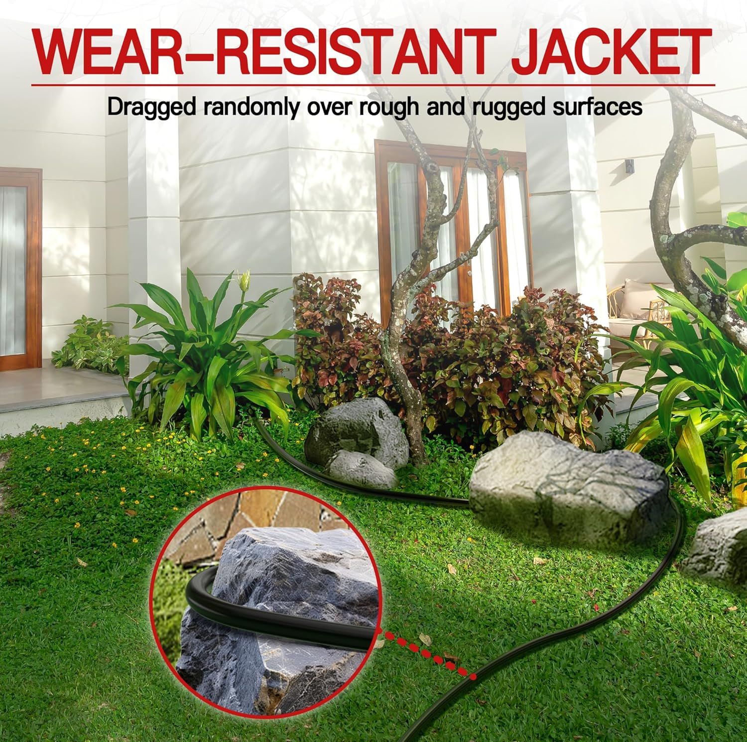 Demonstrates the cable's durability by showing it can withstand being dragged over rough and rugged surfaces without damage, reassuring shoppers of its long-lasting quality.