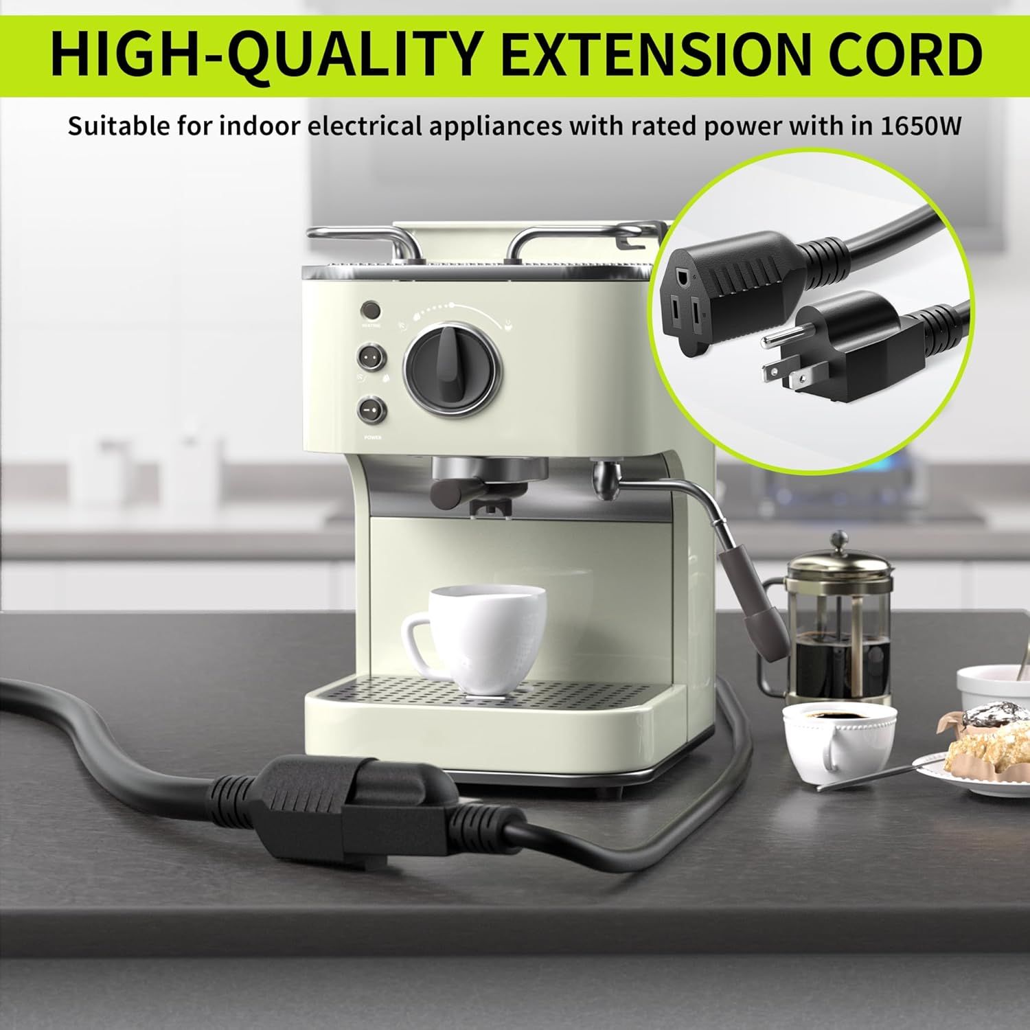 Communicates that this extension cord is high-quality and suitable for indoor electrical appliances up to 1650W, reassuring shoppers about its safety and compatibility with their appliances.