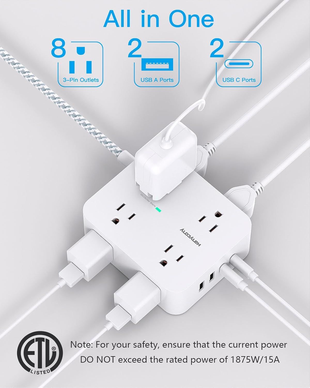 Communicates the all-in-one versatility of the power strip by highlighting its multiple outlet and port options, reassuring shoppers they can charge and power many devices simultaneously.