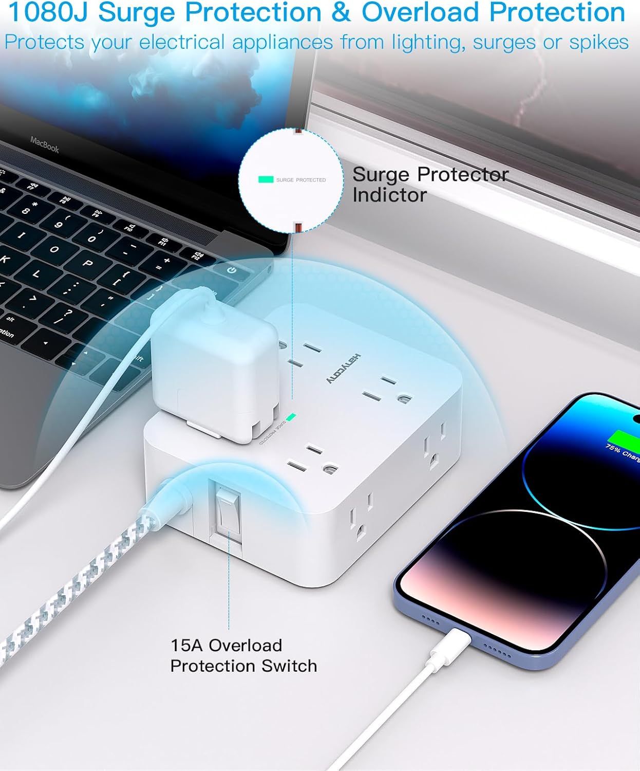 Highlights the product's key safety components—the surge protector indicator and overload protection switch—to reassure shoppers that their devices are protected from electrical hazards.…