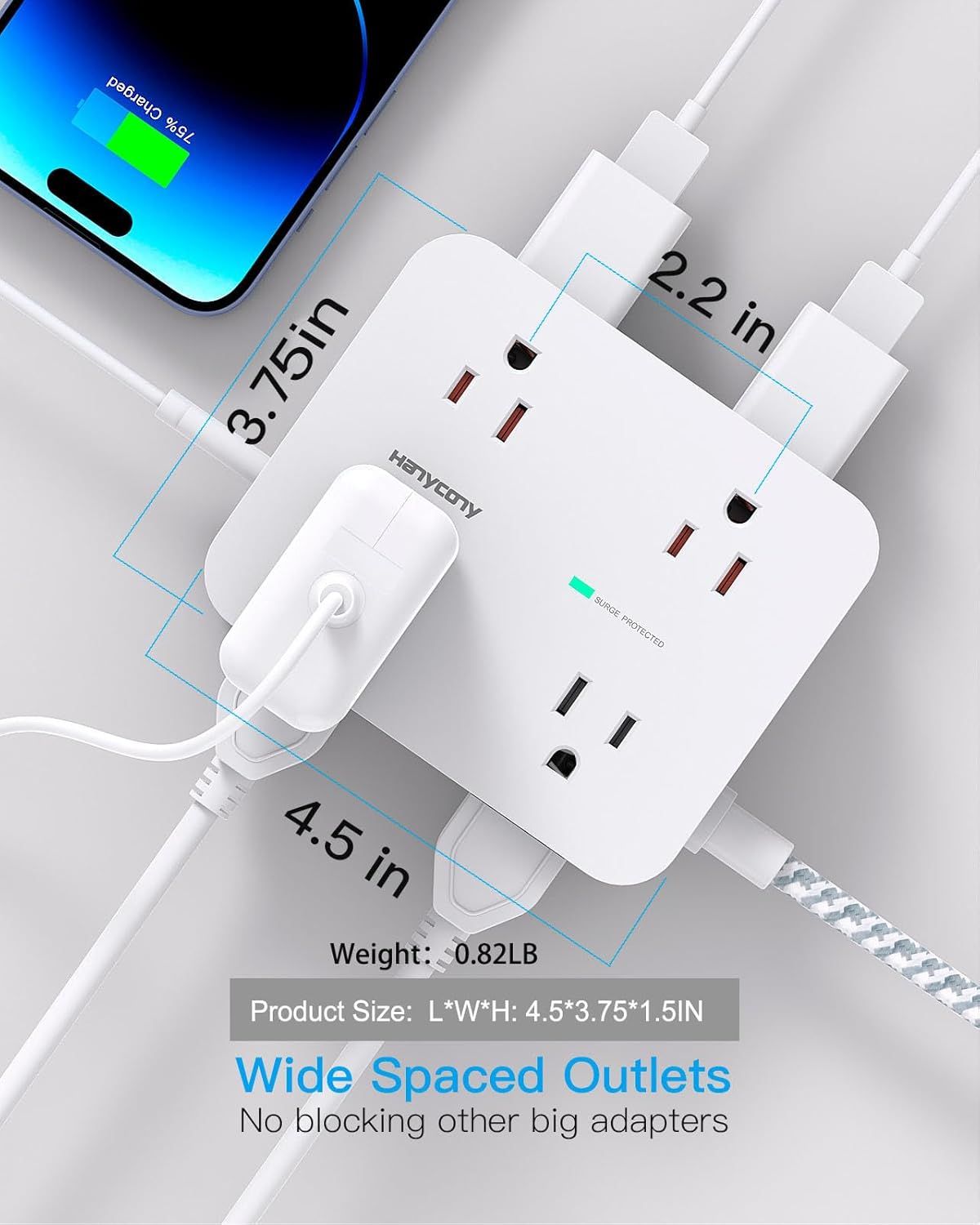 Communicates the physical dimensions and weight of the power strip to help shoppers understand its compact, portable size and that it won't take up much space. Highlights the wide spacing between…