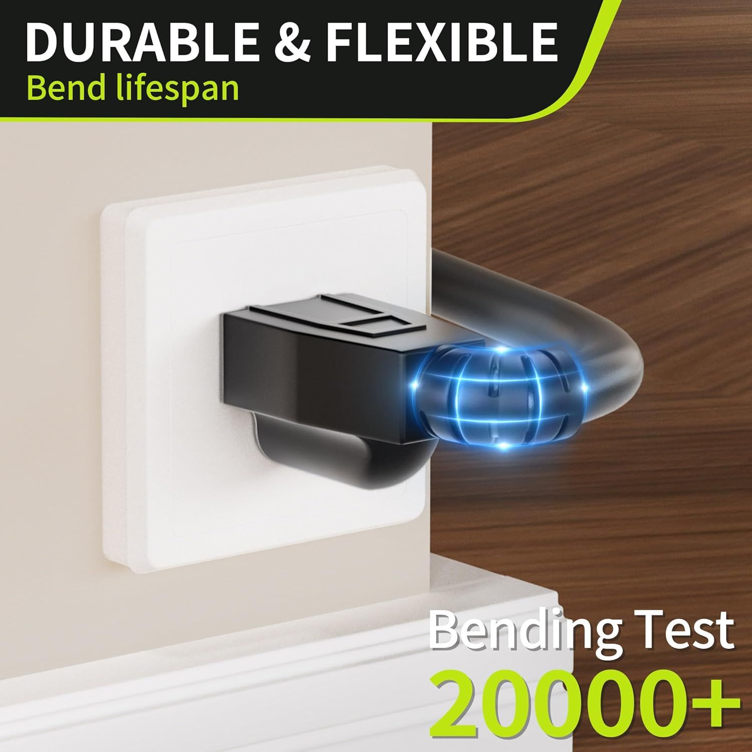 Communicates the product's exceptional durability and flexibility by highlighting that it has passed 20,000+ bending tests, reassuring shoppers of its long-lasting quality and resistance to wear.…