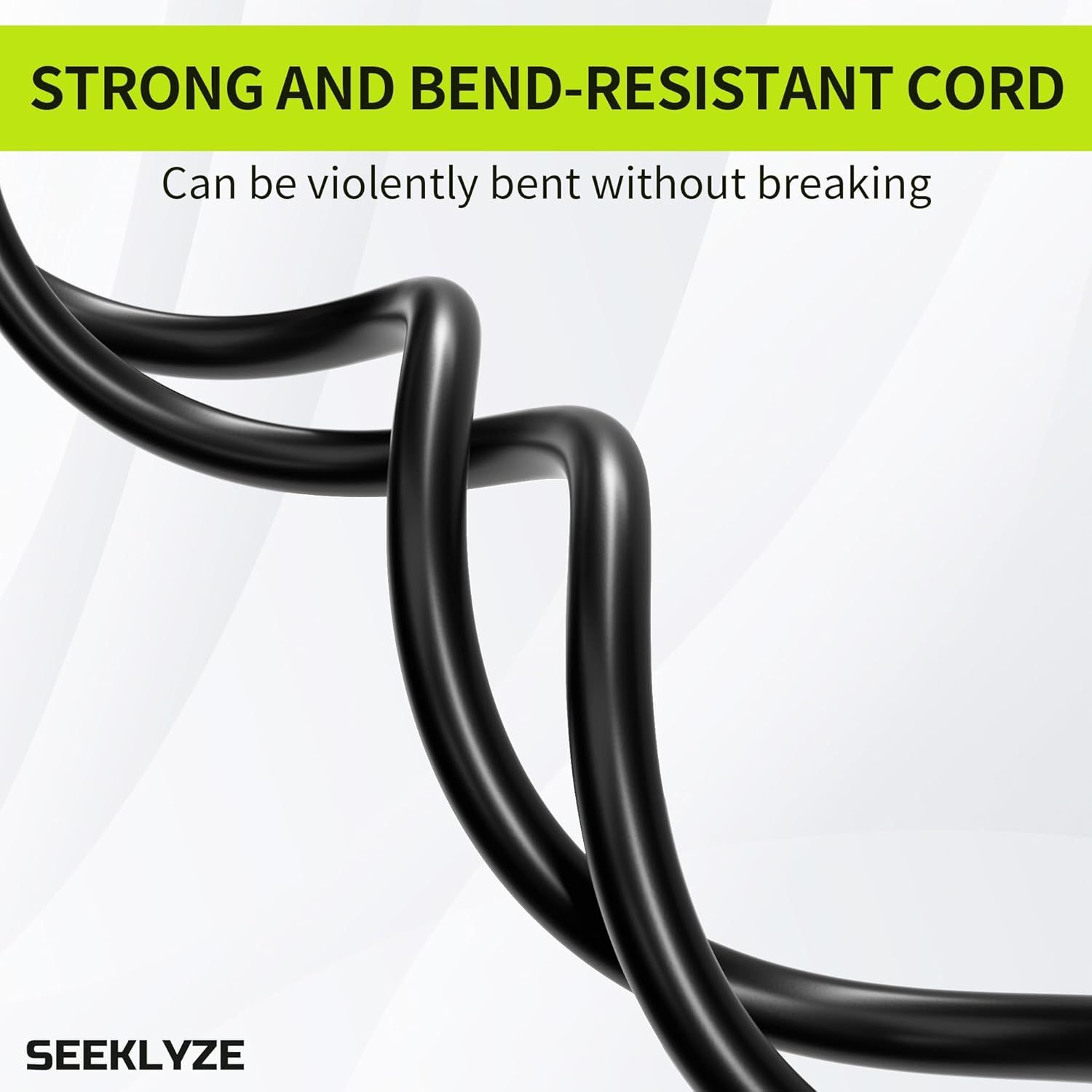 Demonstrates the cord's flexibility and durability by showing it bent without breaking, reassuring shoppers that the product can withstand rough handling and daily wear.
