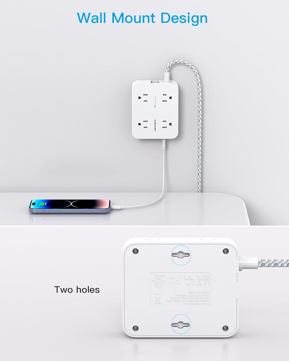 Demonstrates the product's wall-mountable design feature, showing how the power strip can be conveniently mounted on a wall to save space and keep charging organized.