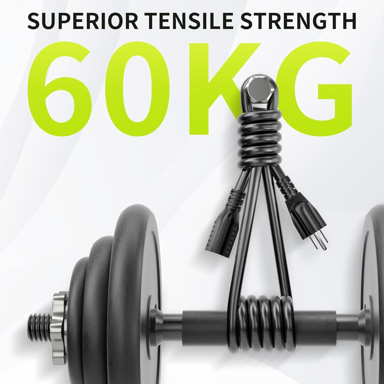 Communicates the product's exceptional strength rating of 60KG to reassure shoppers of its durability and load-bearing capacity. Highlights the product's superior tensile strength as a key benefit,…