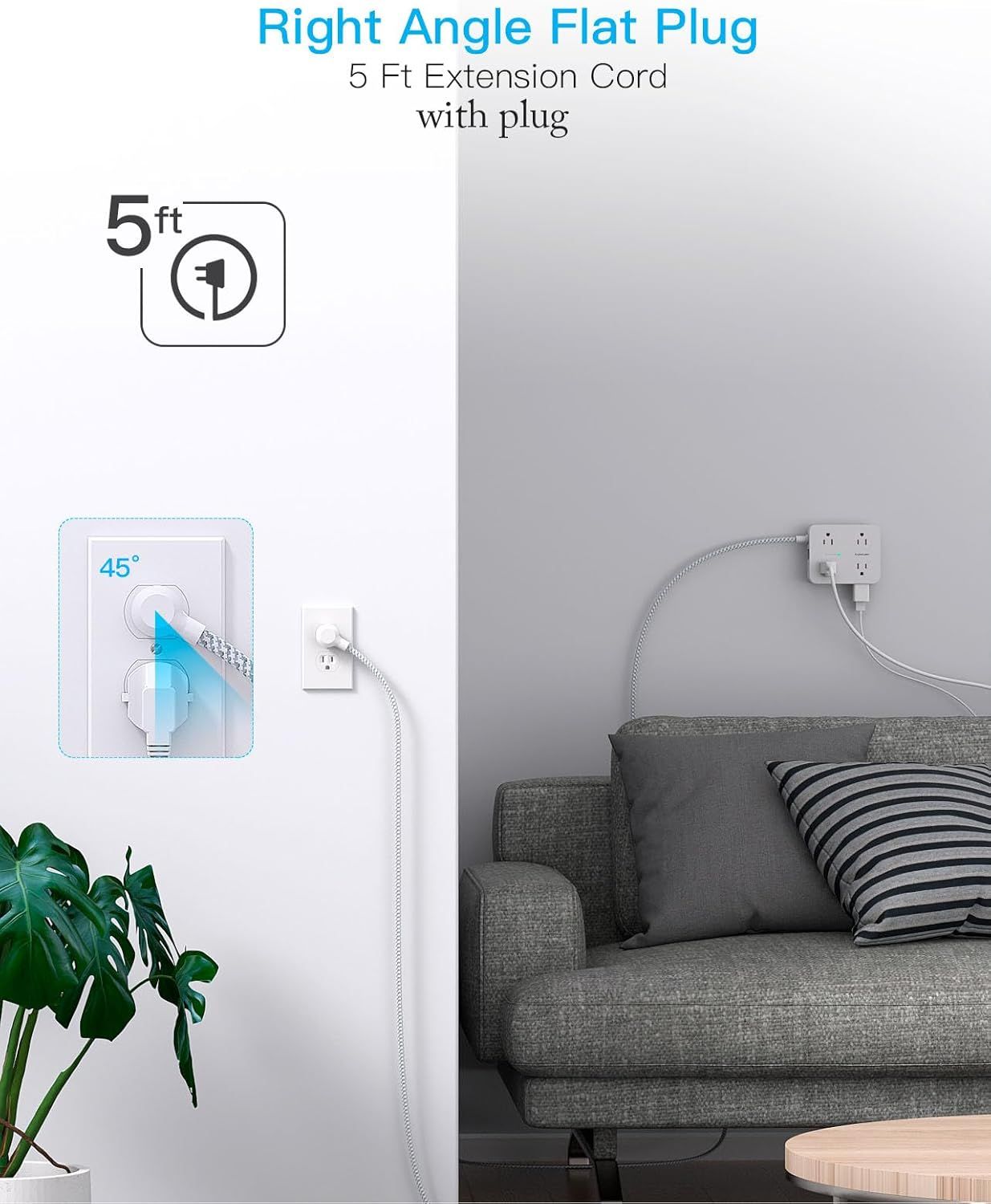 Communicates multiple benefits of the extension cord including its right-angle flat plug design, 5-foot length, and space-saving functionality in a real-world bedroom setting.