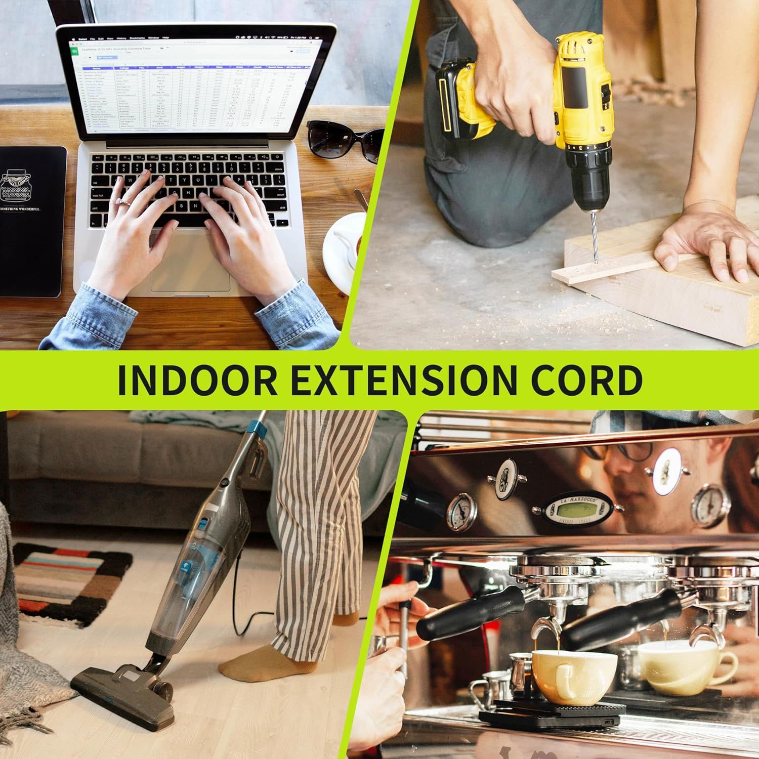 Demonstrates the extension cord's versatility by showing it can be used in multiple indoor scenarios including office work, DIY projects, cleaning, and kitchen appliances.