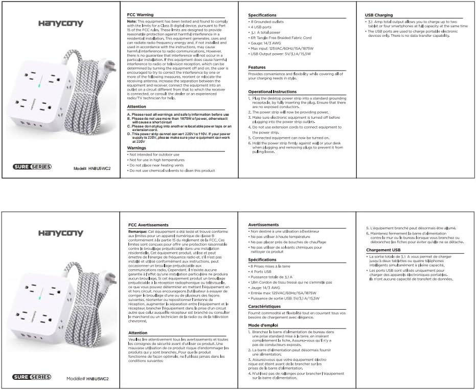 This image provides comprehensive product documentation including FCC warnings, specifications, operational instructions, and safety information to inform customers about proper usage and compliance.