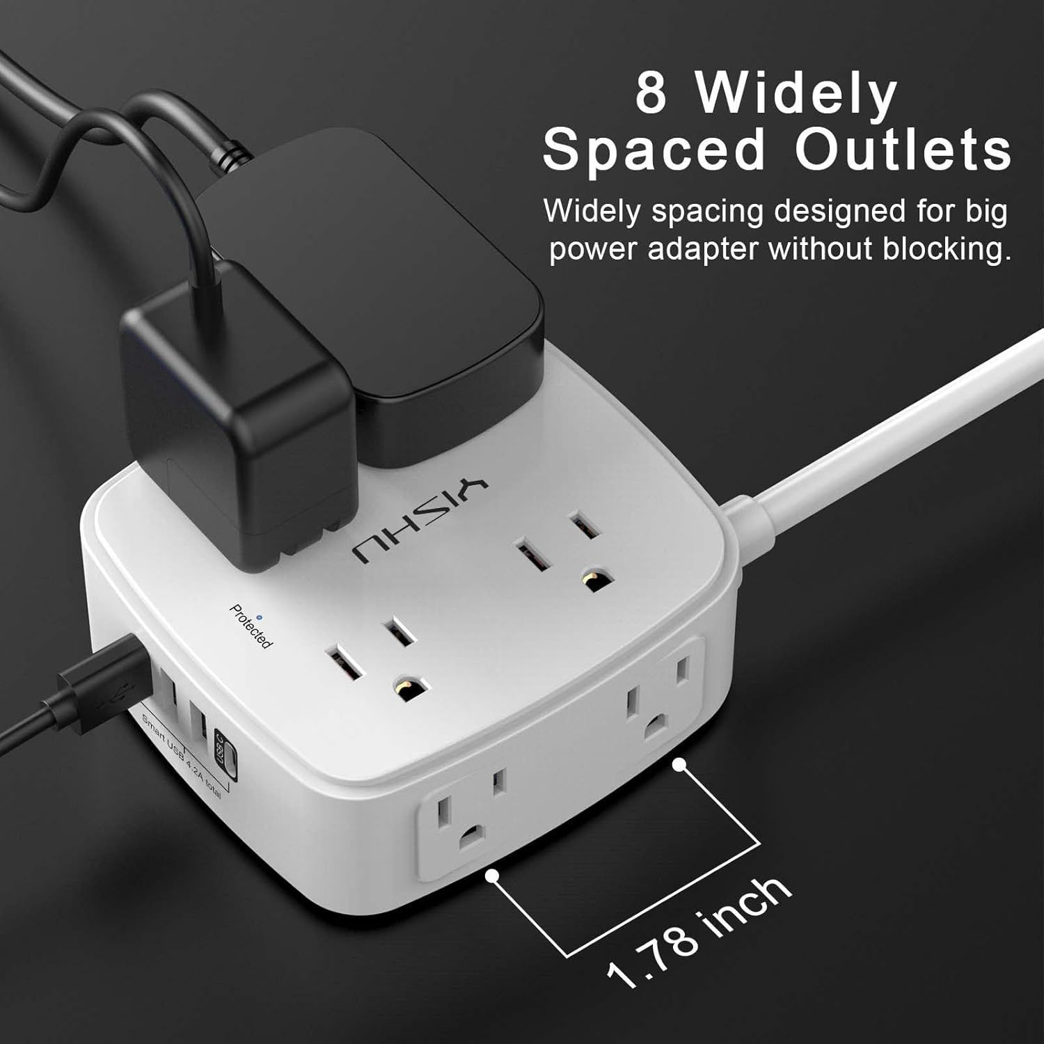 Communicates the 1.78 inch spacing between outlets to reassure shoppers that large power adapters can fit without blocking adjacent outlets. Highlights the widely spaced outlet design as a key…