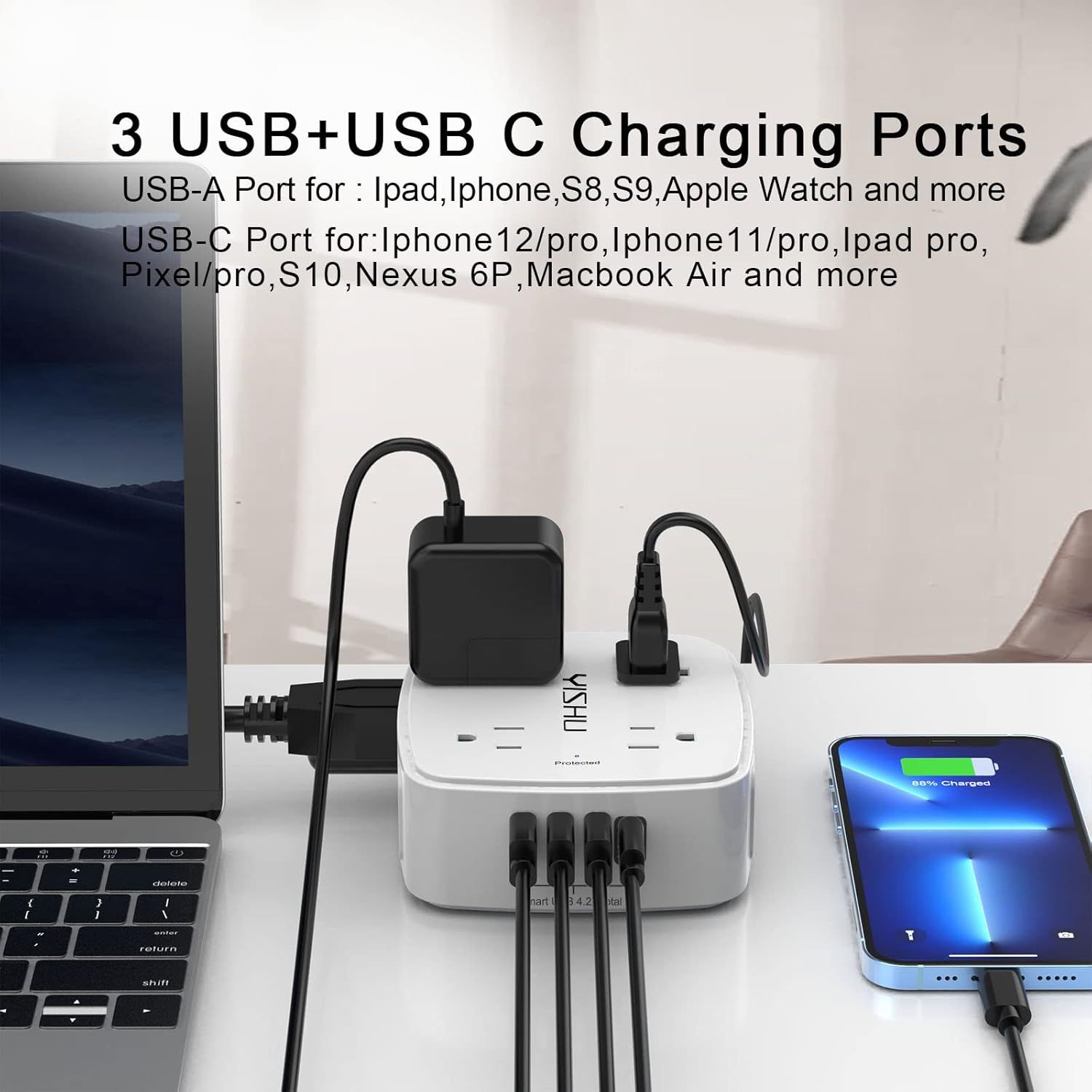 Demonstrates the product's compatibility with multiple devices (iPhone, iPad, Samsung, Pixel, Macbook, Apple Watch) and shows the versatility of having both USB-A and USB-C charging ports.