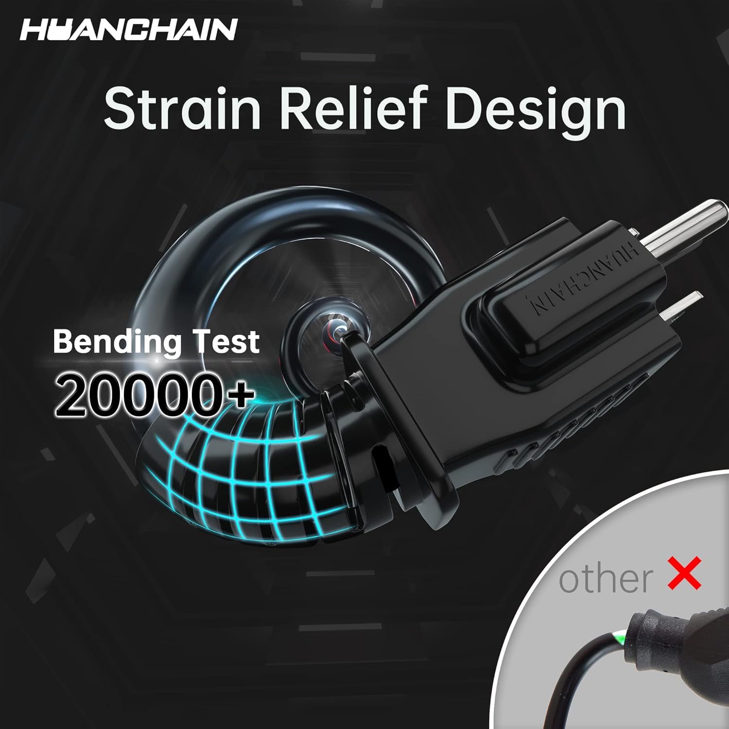 Communicates the product's exceptional durability by highlighting that it has passed 20,000+ bending tests, reassuring shoppers of its long-lasting quality and resistance to wear. Demonstrates the…
