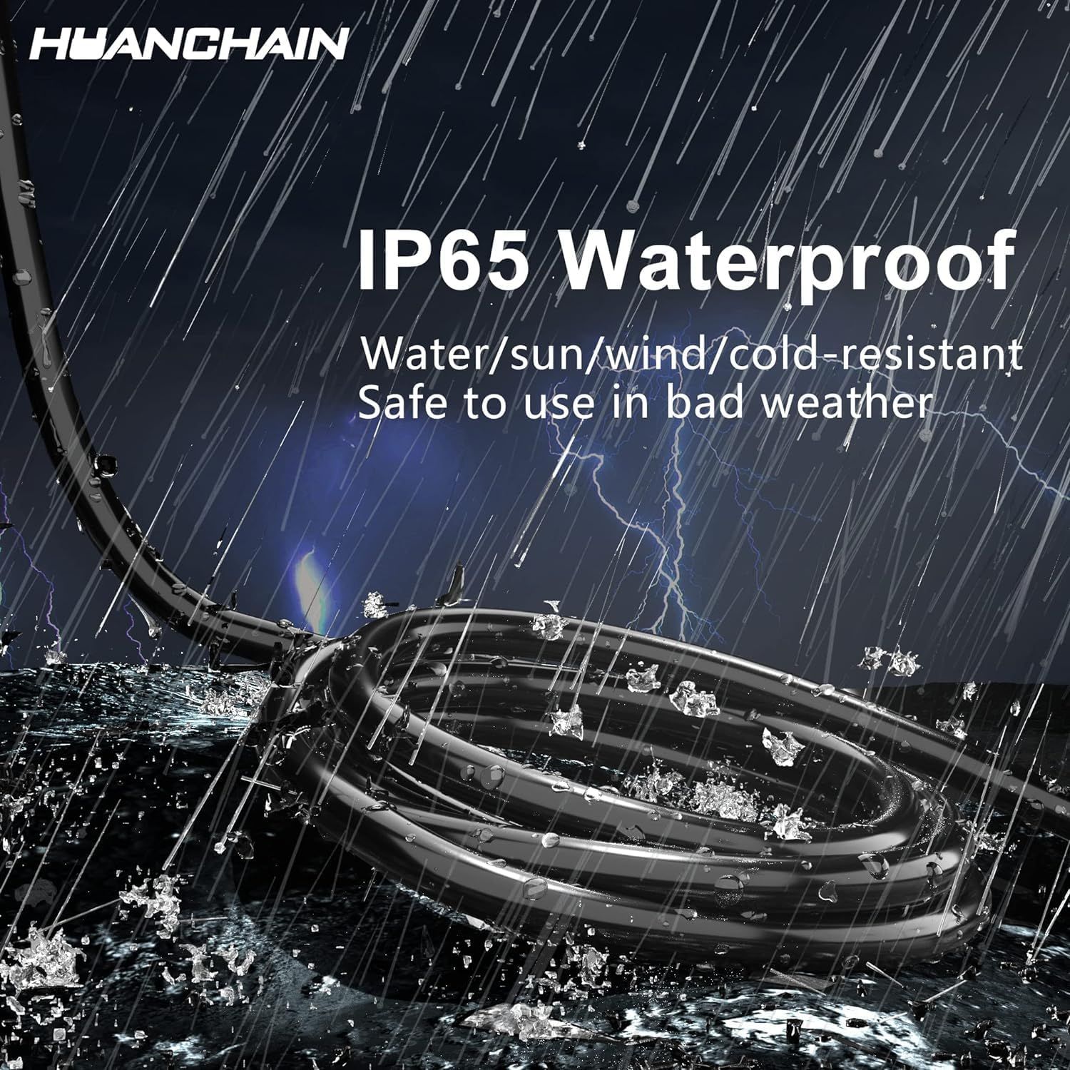 Communicates that the product is IP65 waterproof and can withstand harsh weather conditions including water, sun, wind, and cold, reassuring shoppers of its durability and all-weather reliability.