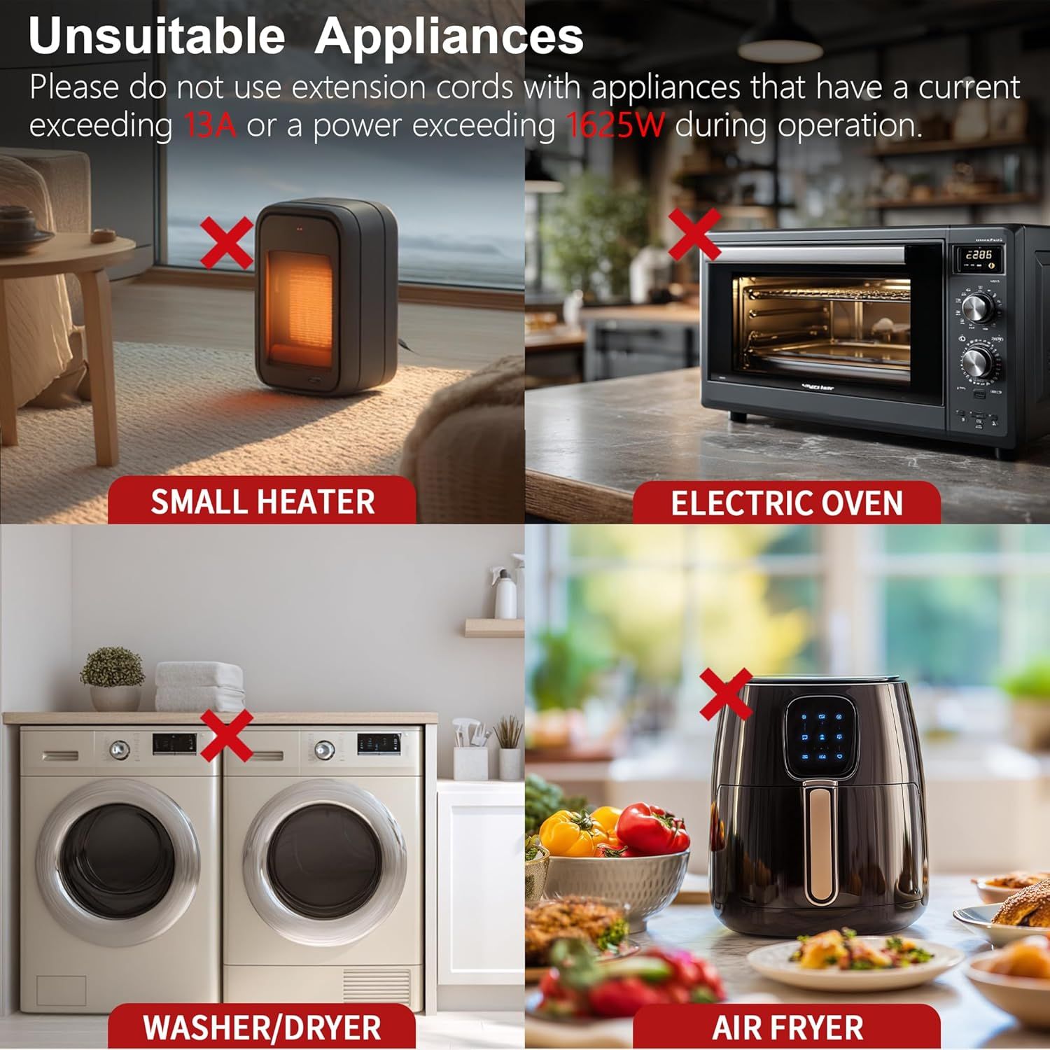 Warns shoppers about unsuitable high-power appliances to prevent electrical hazards and ensure safe use of the extension cord product.