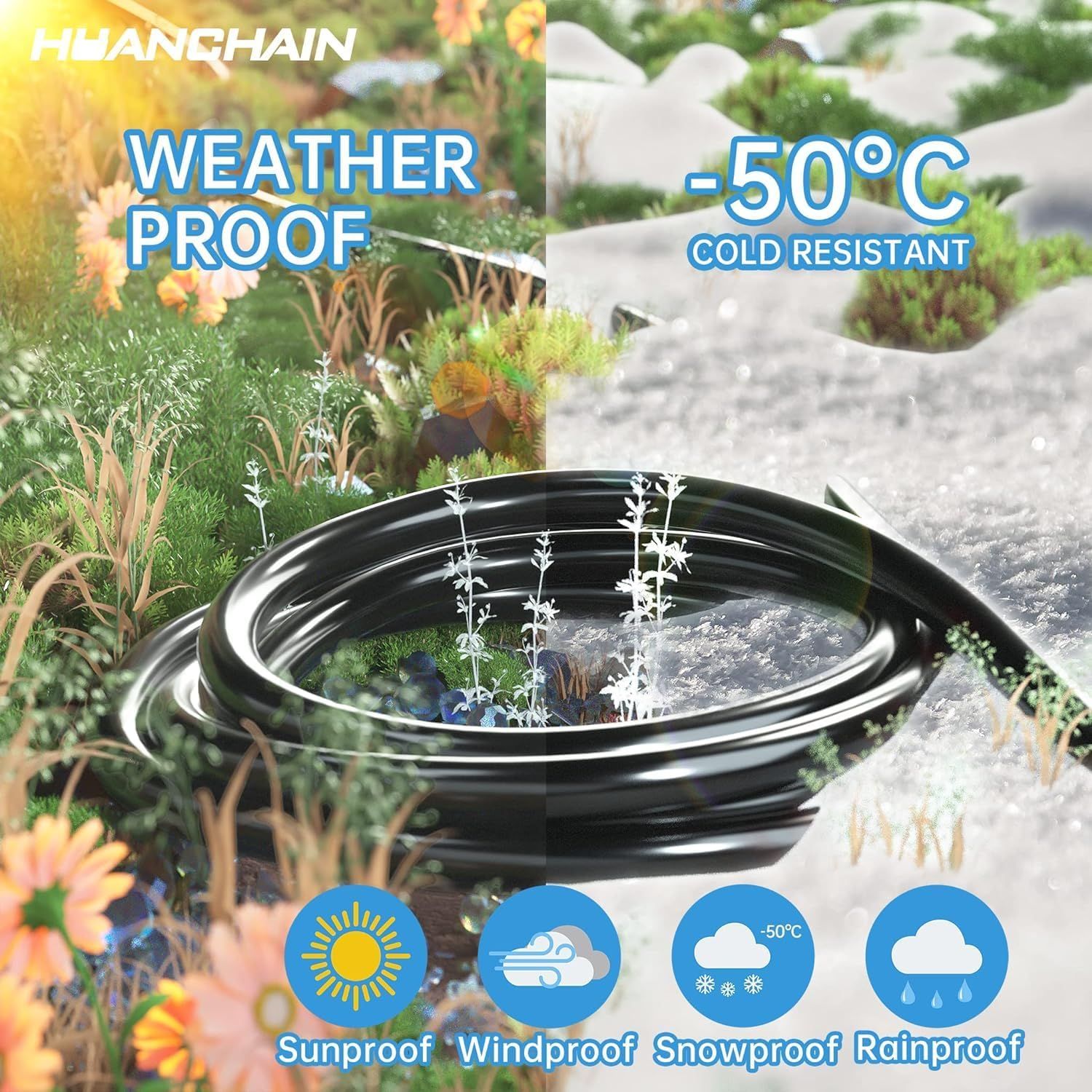 Communicates the product's comprehensive weather resistance across multiple extreme conditions, reassuring shoppers that it will perform reliably in sun, wind, snow, rain, and temperatures as low as…