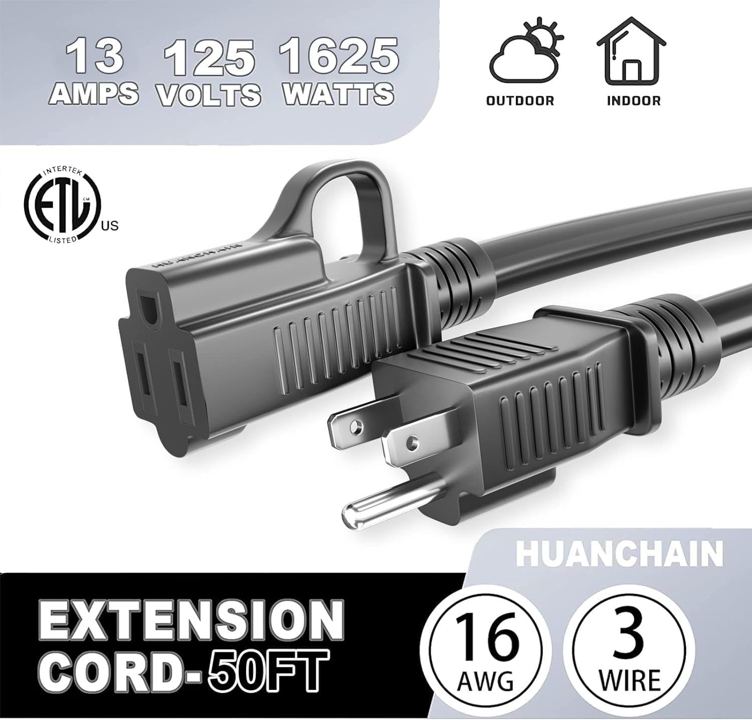 Communicates multiple technical specifications and features of the extension cord in a segmented layout, including power capacity, safety certification, versatility of use locations, length, and…