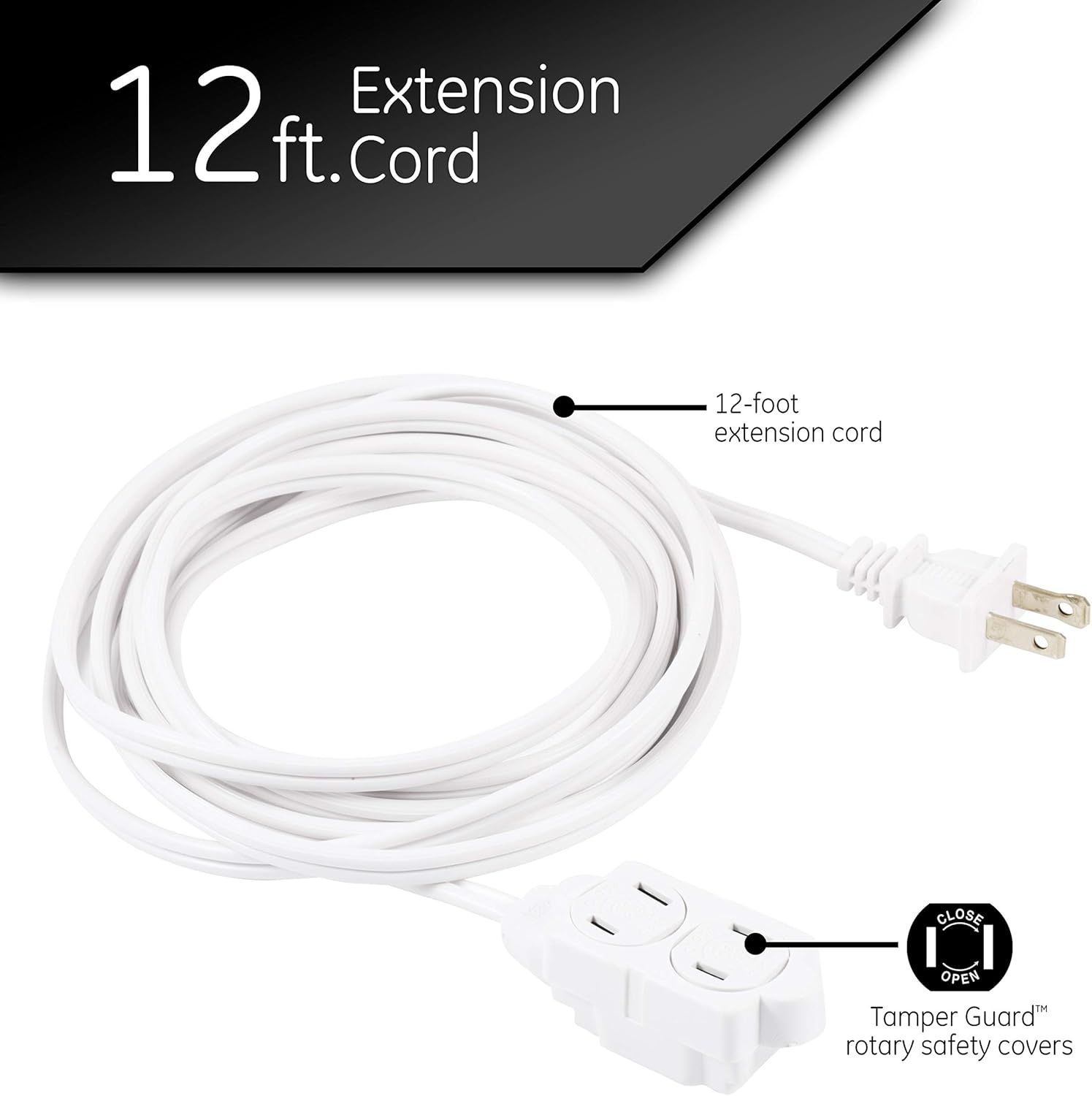 Highlights the key physical components of the extension cord—its 12-foot length and the Tamper Guard safety covers—to help shoppers understand what makes this product safe and functional.