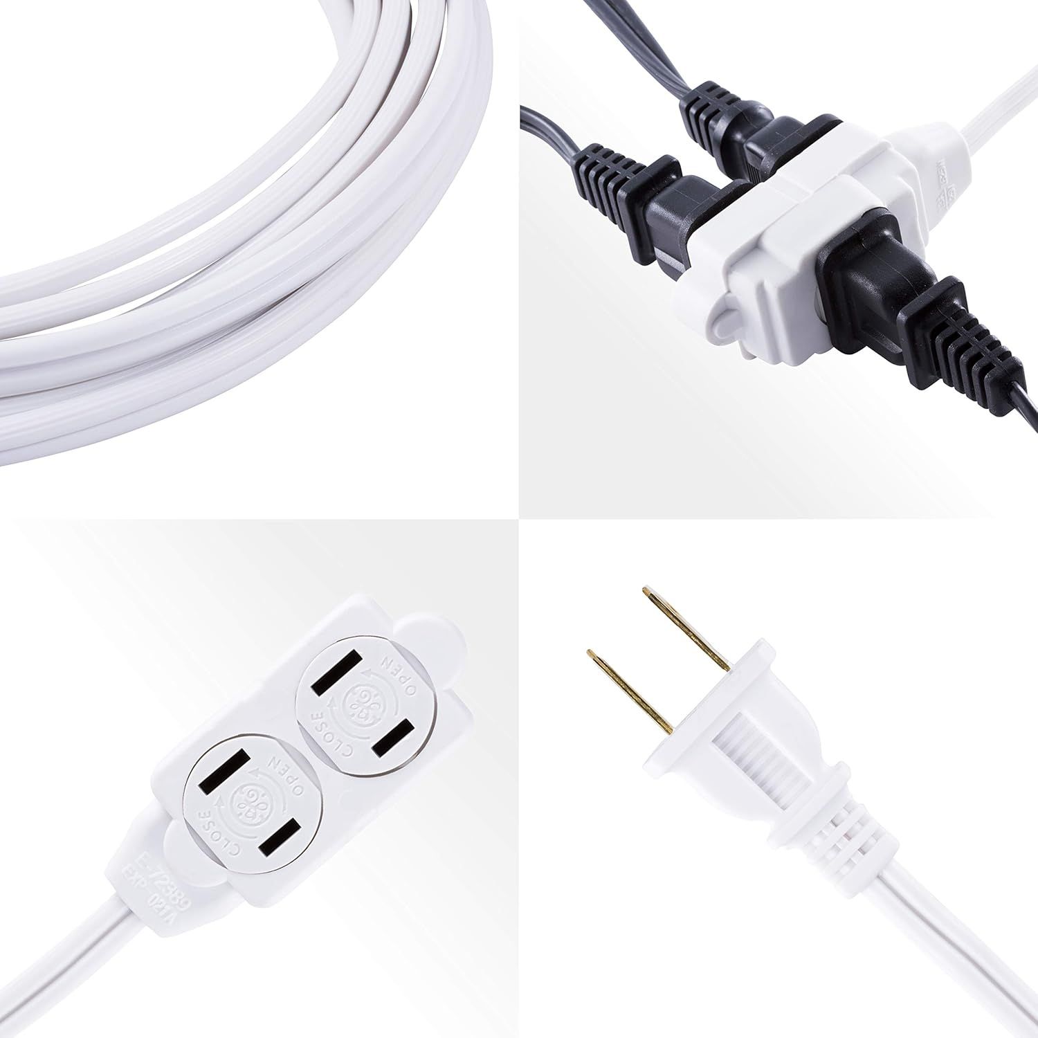Highlights the physical components and construction of the power cable, showing the cable itself, the connectors, outlet ends, and plug design to help shoppers understand what they're receiving and…