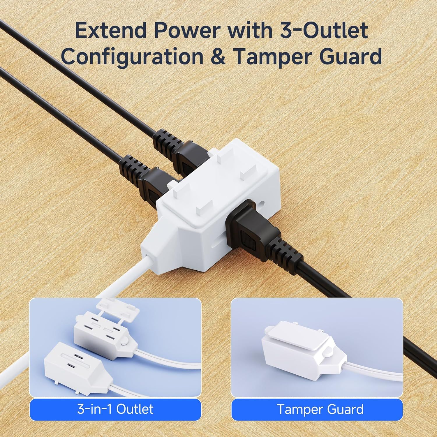 Communicates two distinct product benefits: the ability to extend power with a 3-outlet configuration and the safety feature of a tamper guard, reassuring shoppers of both functionality and…