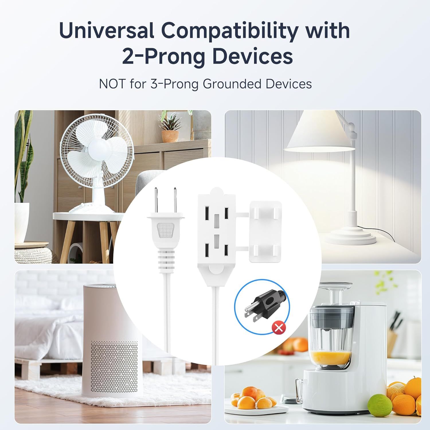 Demonstrates the multiple household devices and appliances that are compatible with the product, showing its versatility across fans, lamps, air purifiers, and blenders while clarifying it does not…