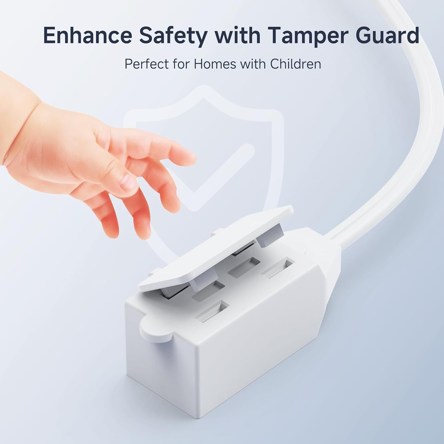 Communicates that the product includes a tamper guard feature to prevent children from accessing electrical outlets, providing peace of mind for parents and enhancing home safety. Highlights the…