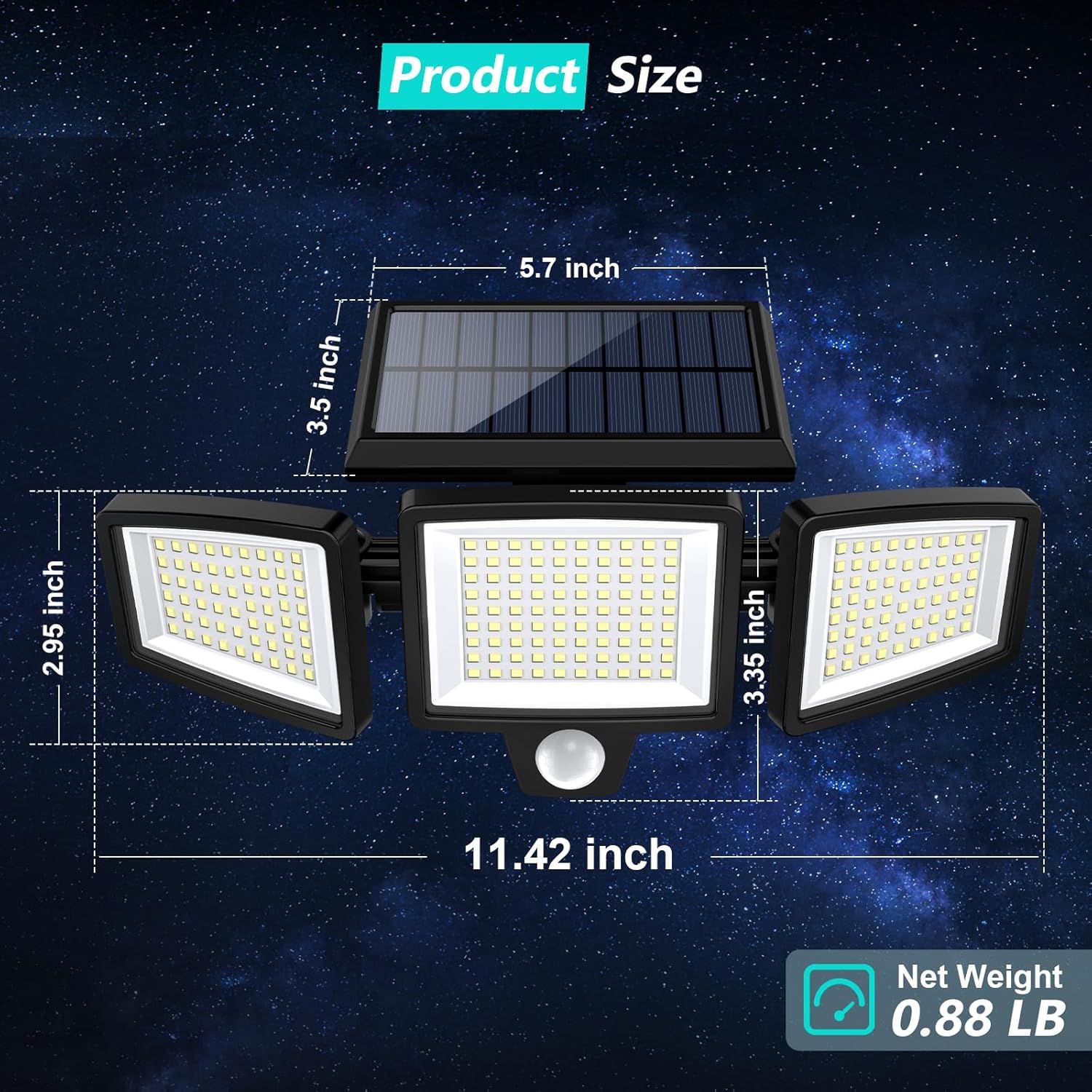 Communicates the exact physical dimensions (11.42 x 3.35 x 5.7 inches) and weight (0.88 LB) of the solar-powered light to help shoppers understand its size and portability.