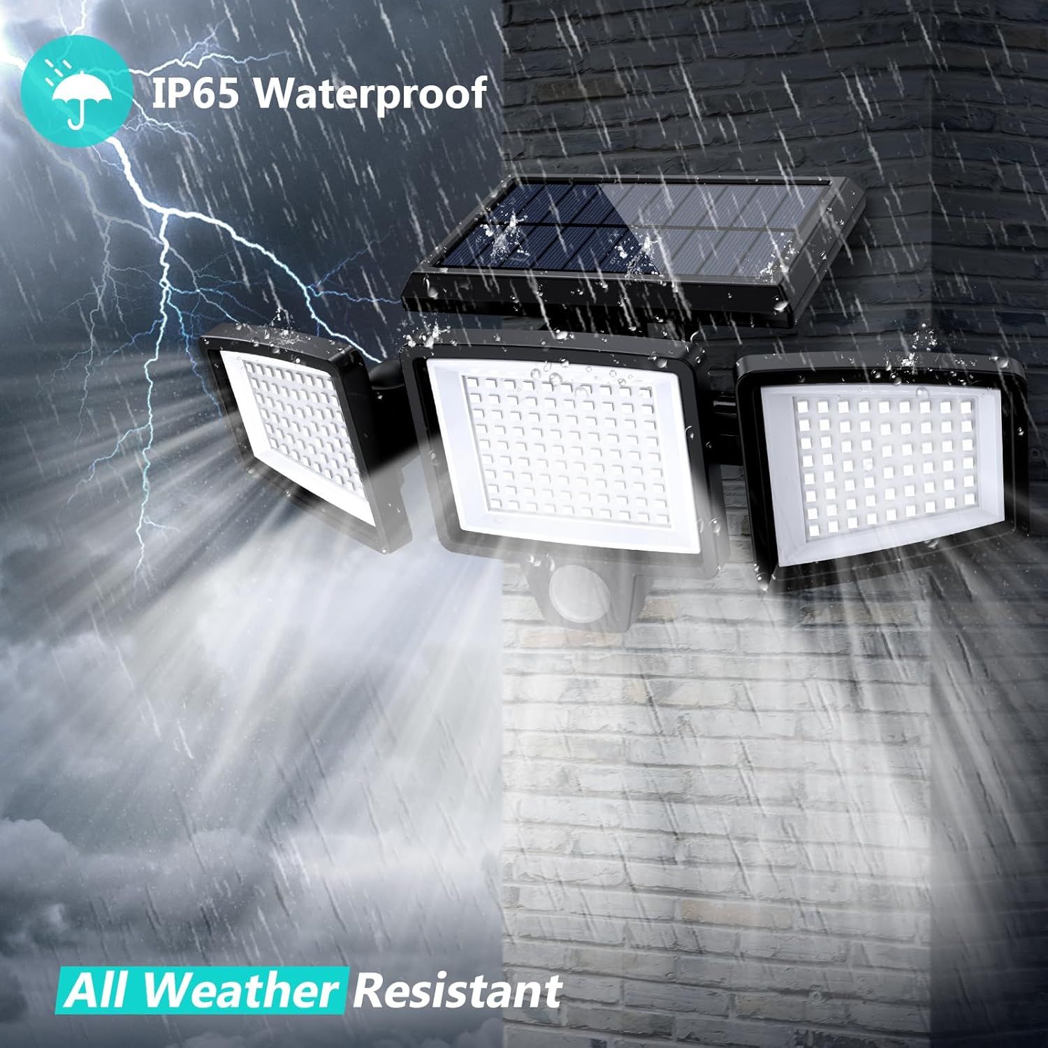 Demonstrates the product's waterproof and weather-resistant capabilities to reassure buyers that these solar LED lights can withstand harsh outdoor conditions including rain and storms.