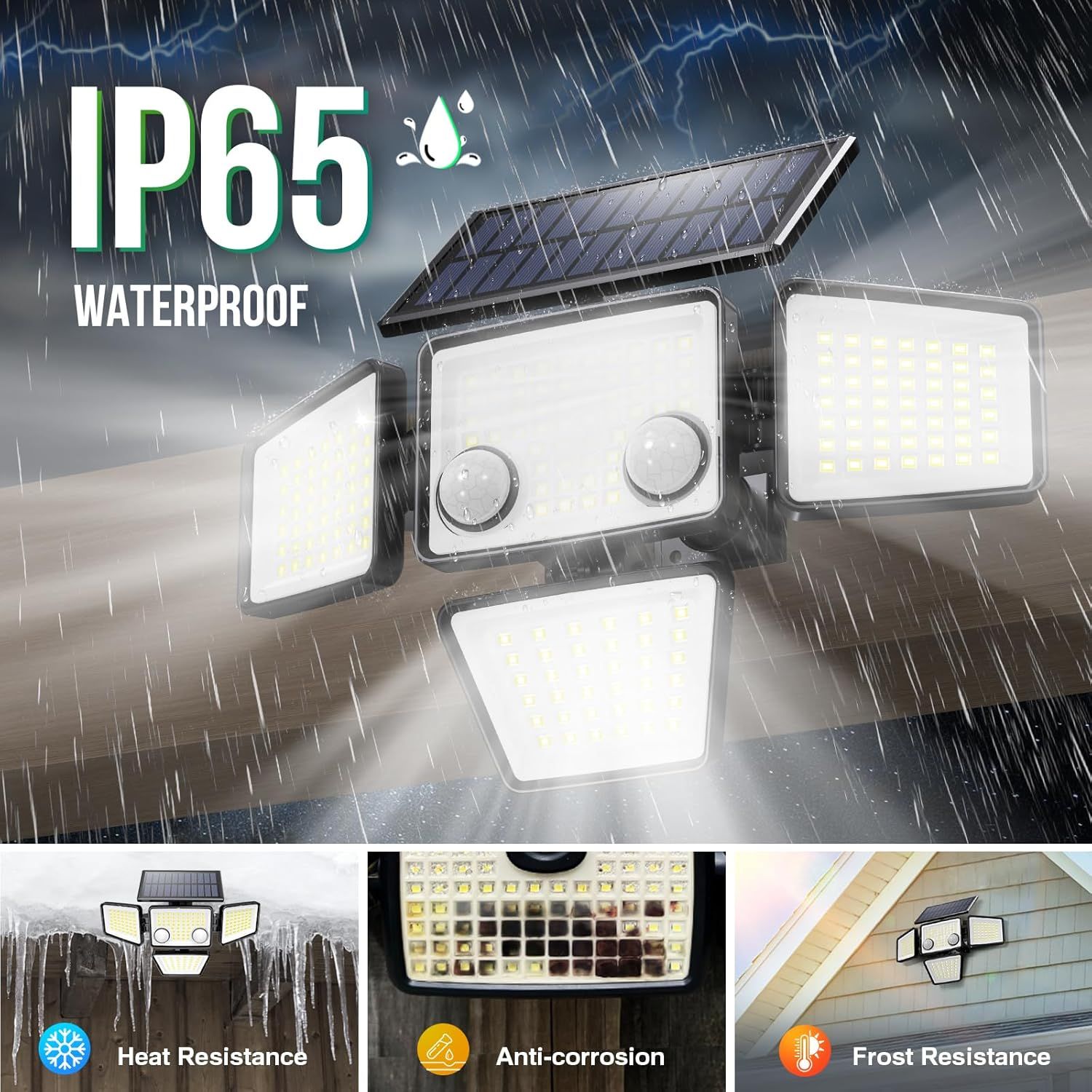 Communicates the product's durability and weather resistance across multiple environmental conditions, reassuring shoppers that the solar light can withstand rain, extreme temperatures, and corrosion.