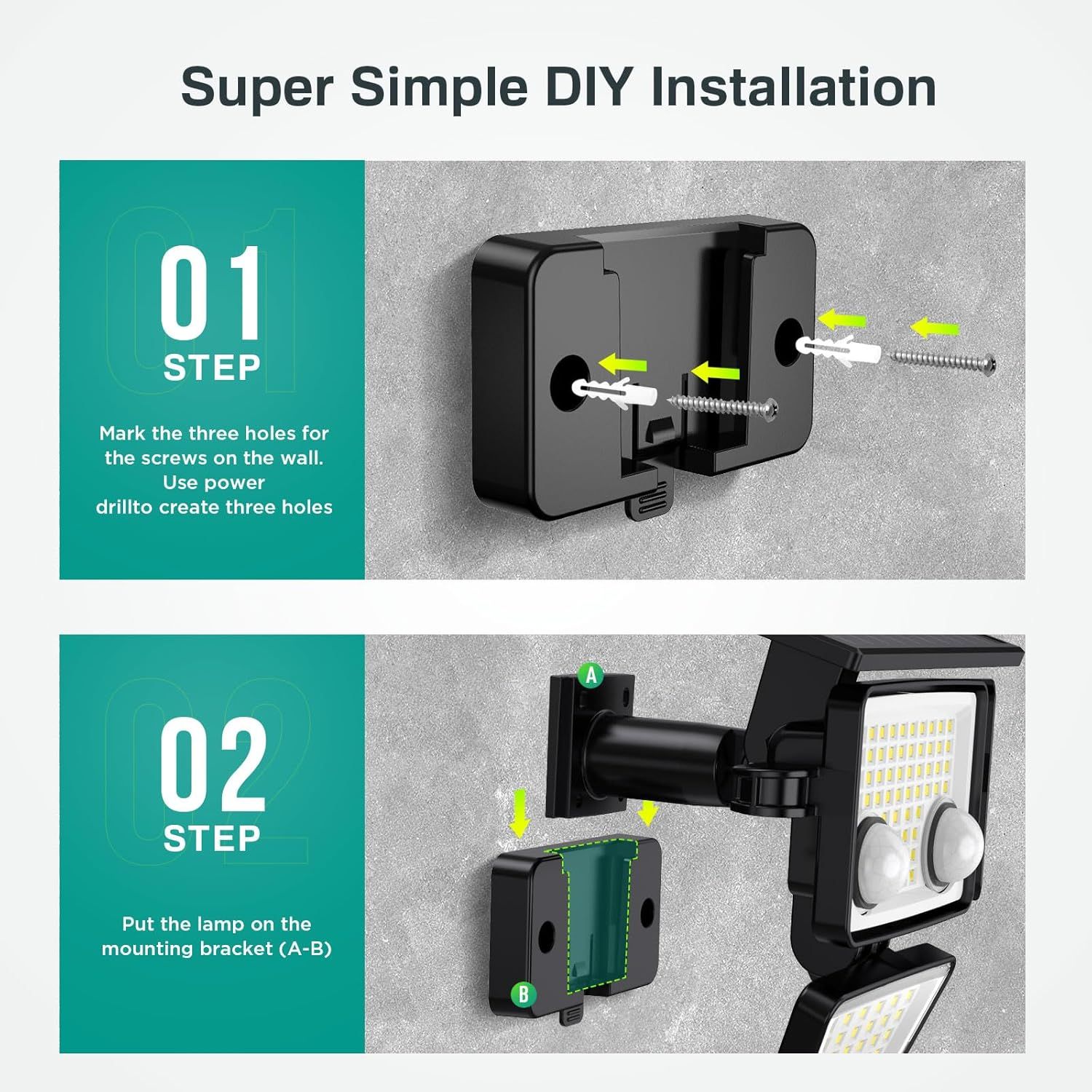 Demonstrates the simple two-step installation process for mounting the lamp, reassuring shoppers that setup is quick and straightforward with clear visual instructions.
