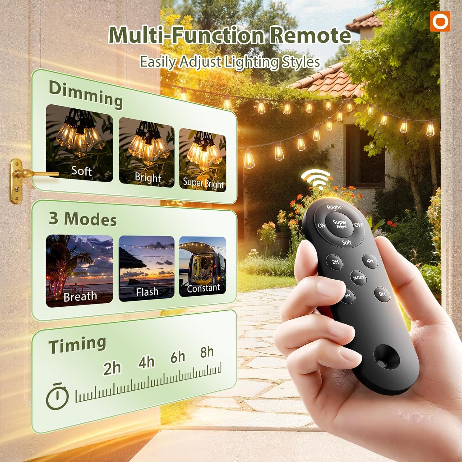 Demonstrates the comprehensive functionality of the remote control, showing shoppers they can easily customize lighting brightness, modes, and timing for their outdoor string lights.