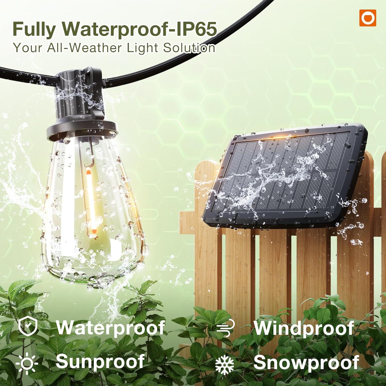 Communicates that the outdoor lighting product is fully weatherproof and can withstand multiple harsh environmental conditions including water, wind, sun, and snow.
