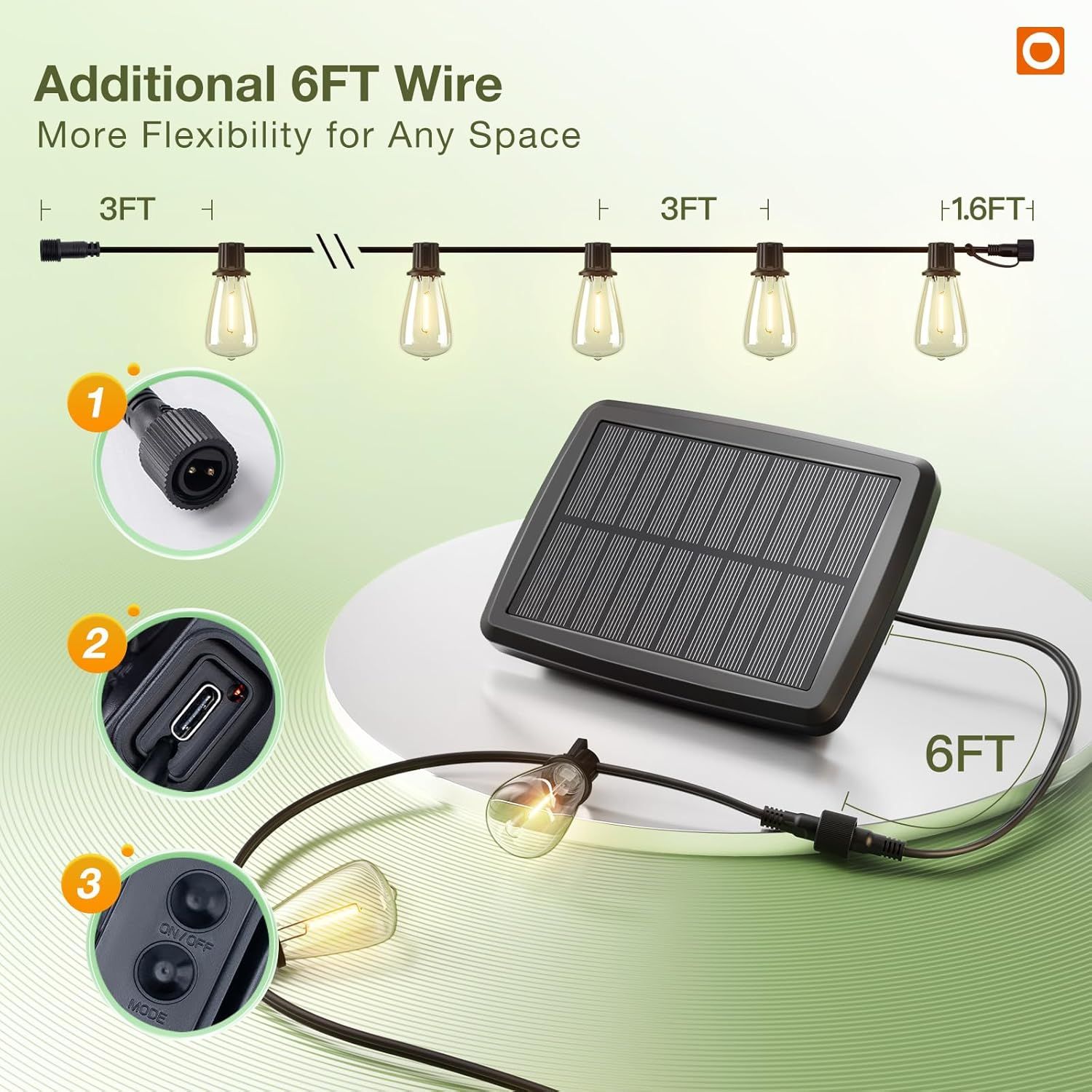 Breaks down the physical components and connection points of the solar string light system, showing shoppers how the extension wire integrates with the solar panel and lights, and highlighting key…