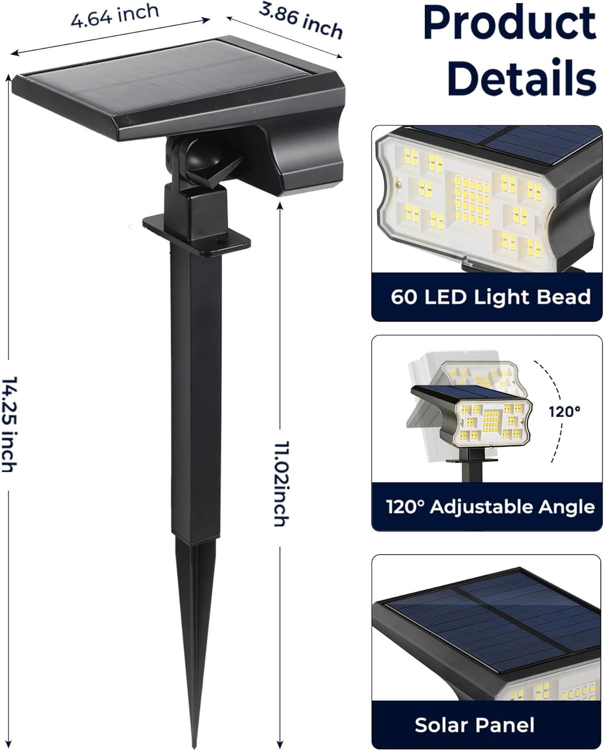 Communicates the exact physical dimensions of the solar light to help shoppers understand its size and ensure it fits their intended space. Highlights multiple key product features in a segmented…