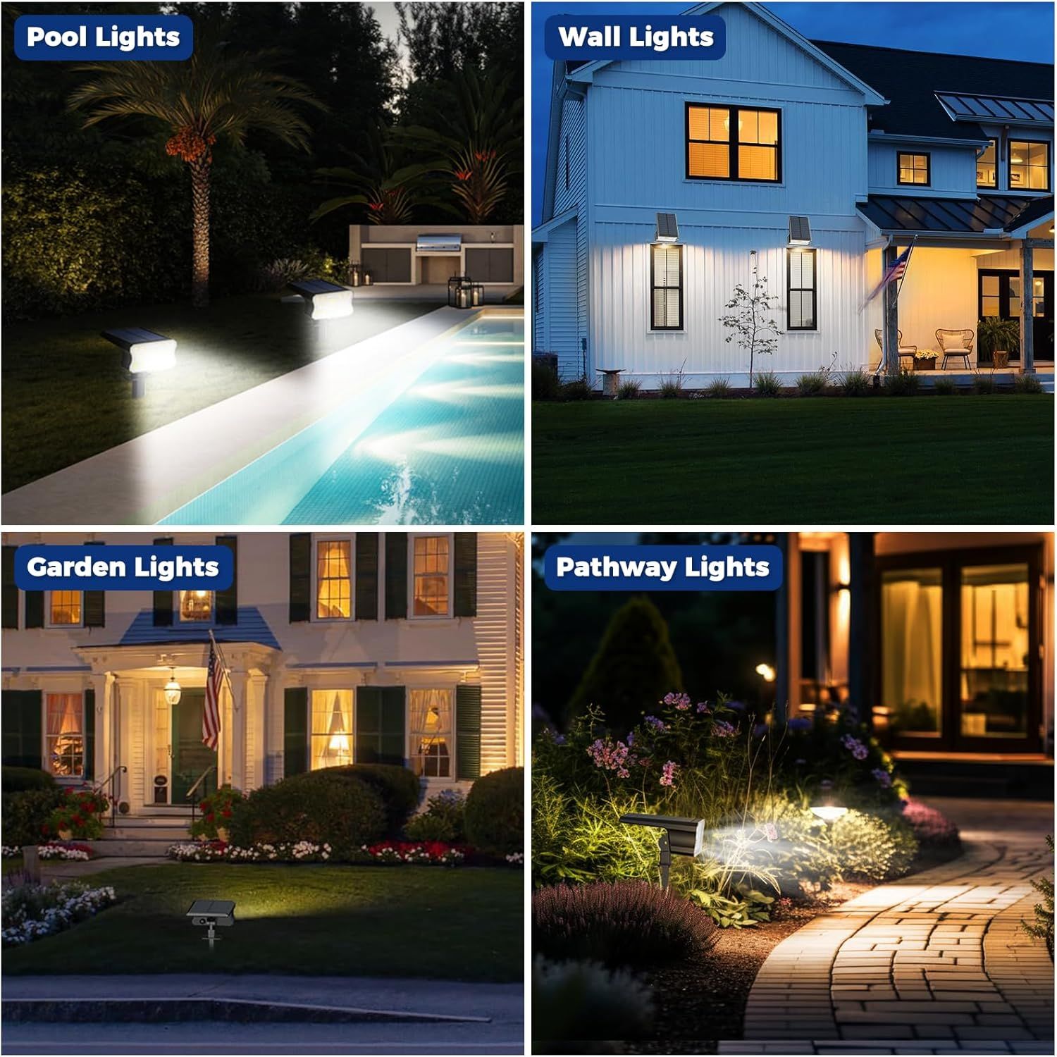 Demonstrates multiple use cases for outdoor lighting products, showing how they can be applied in different environments (pool areas, walls, gardens, and pathways) to help shoppers understand the…