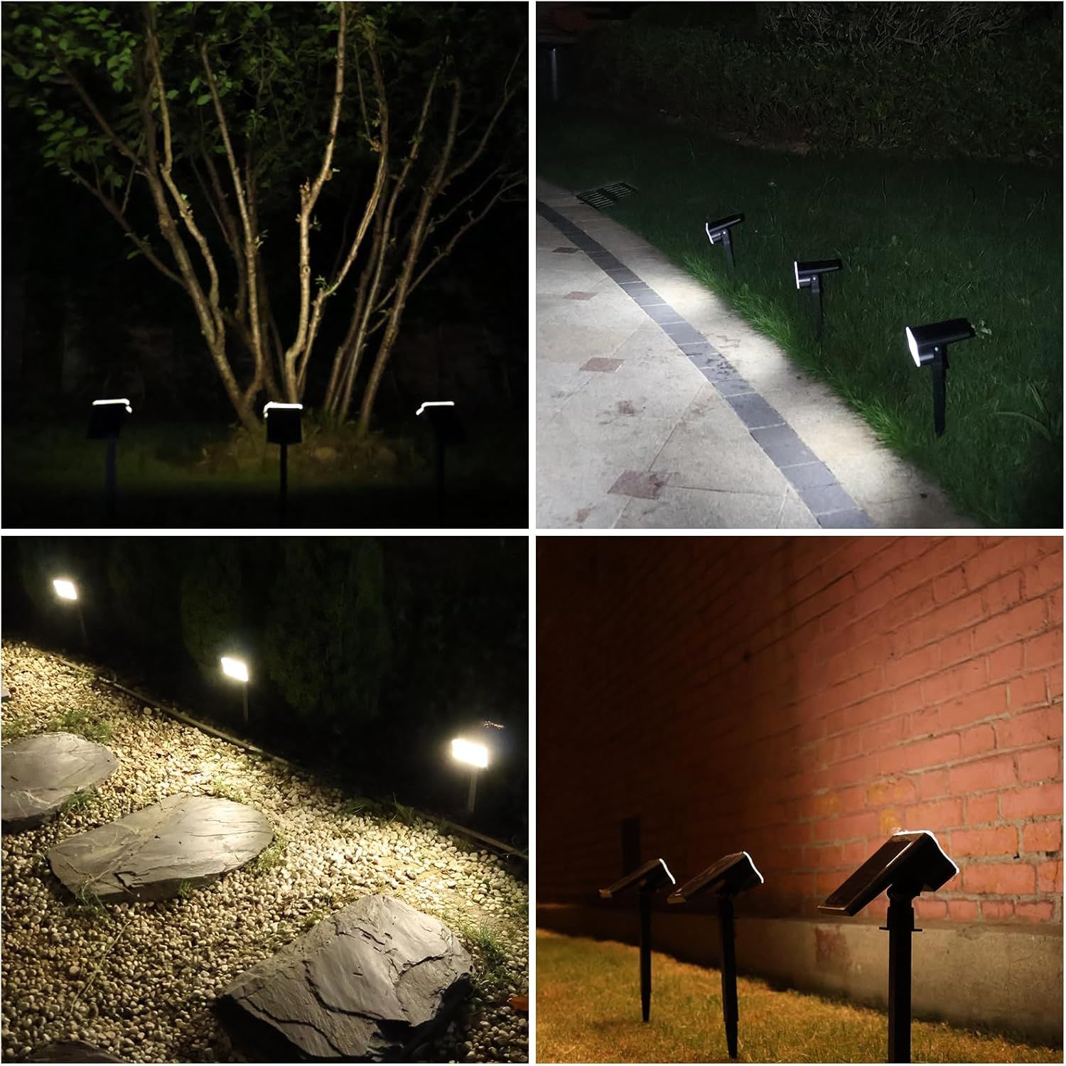 Demonstrates the versatility of the solar lights by showing them in multiple real-world outdoor applications including pathways, gardens, tree uplighting, and wall accent lighting to help shoppers…