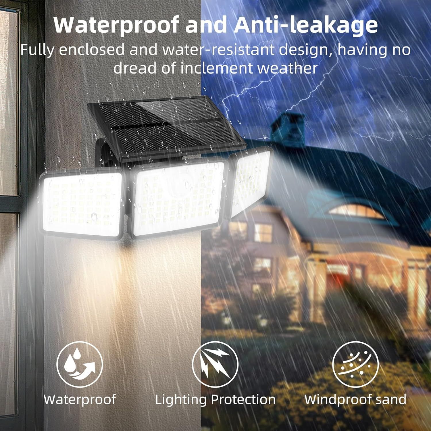 Communicates multiple protective features of the outdoor solar light to reassure shoppers it can withstand harsh weather conditions including rain, lightning, and wind.
