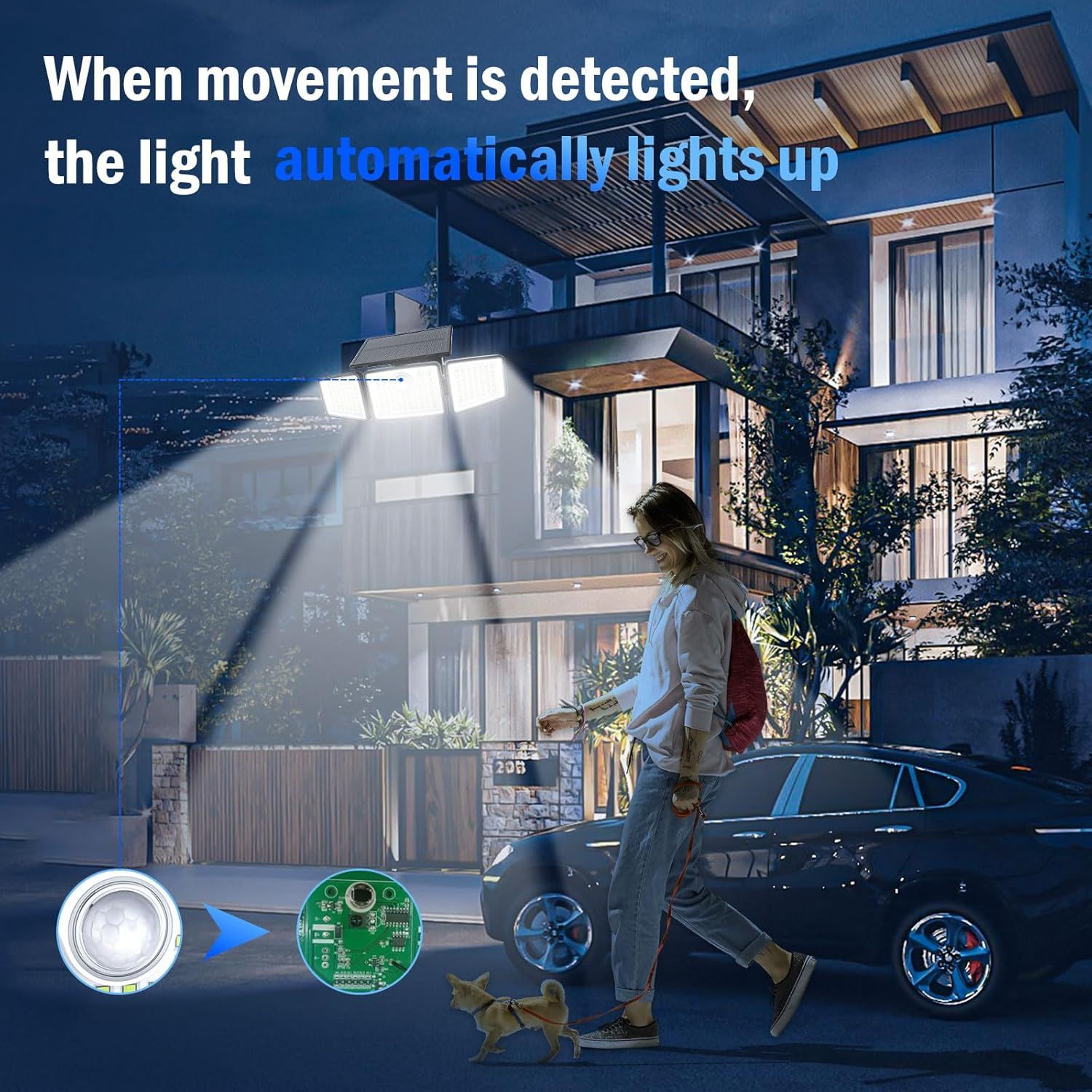 Demonstrates the product's motion-activated automatic lighting feature to reassure shoppers that the light provides hands-free convenience and security when approaching their home.