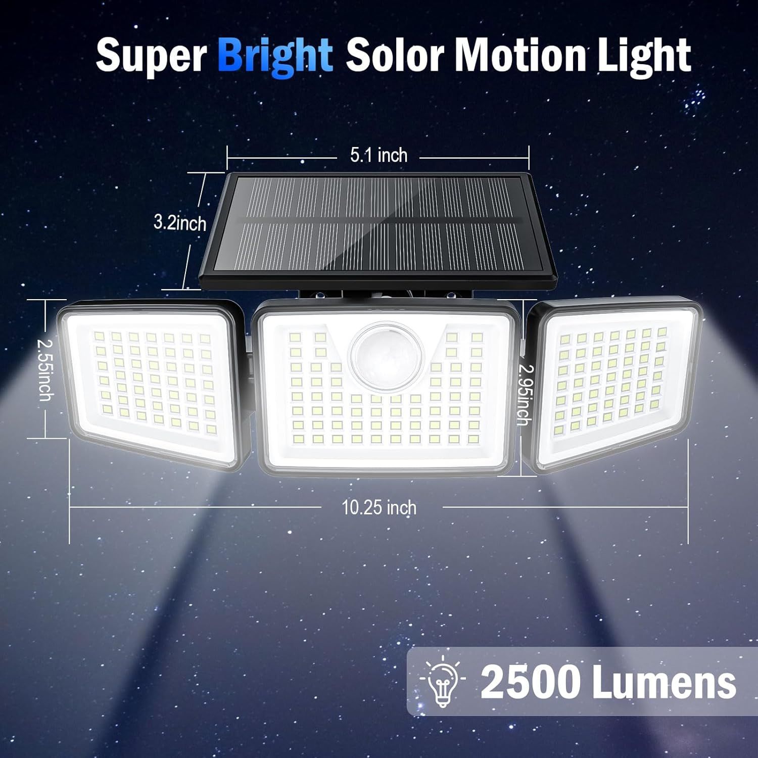 Communicates the exact physical dimensions of the solar motion light to help shoppers understand its size and ensure it fits their intended installation space. Highlights the powerful 2500 lumen…