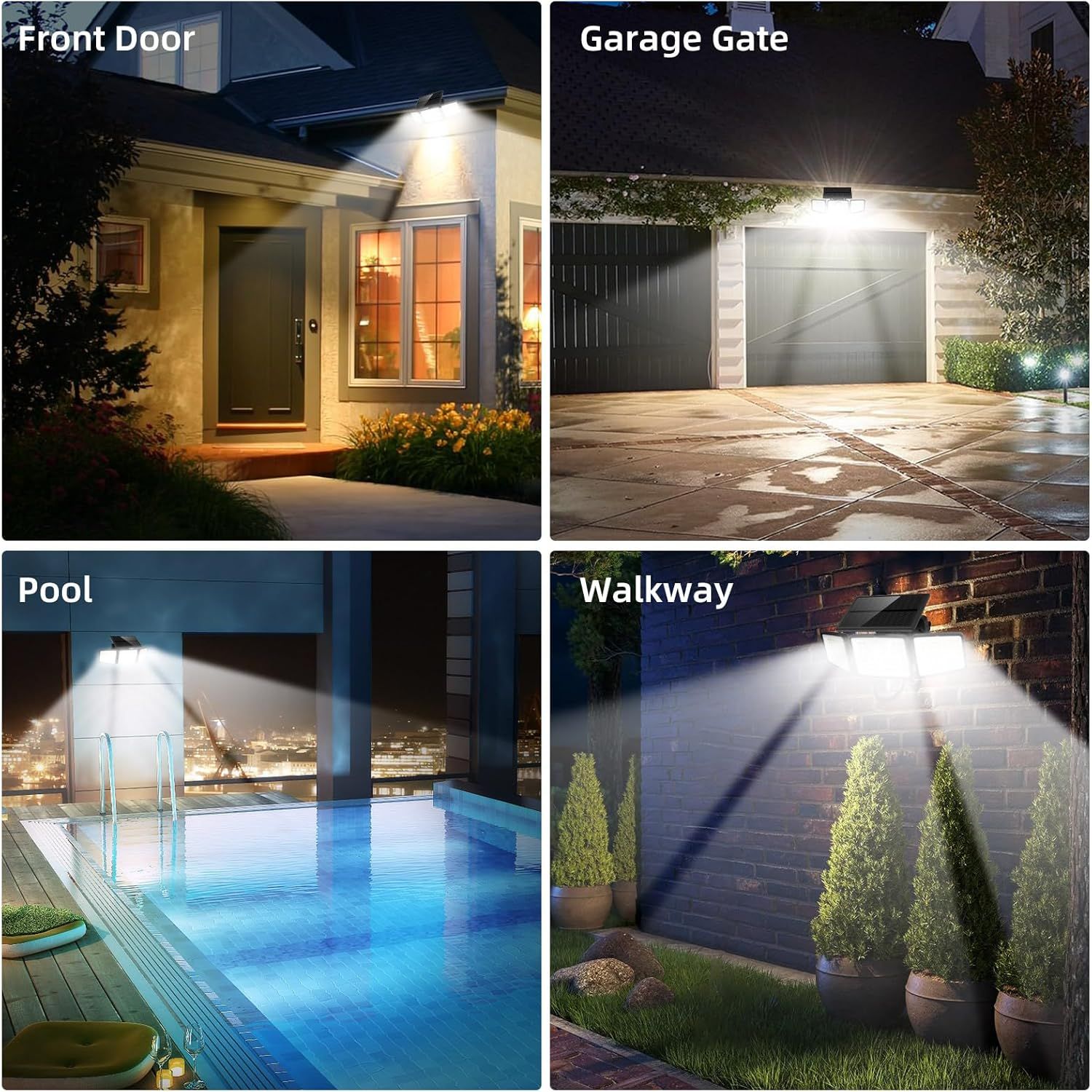 Demonstrates the versatility of the lighting product by showing it can be effectively used in four different outdoor home environments, reassuring shoppers that it's suitable for multiple…