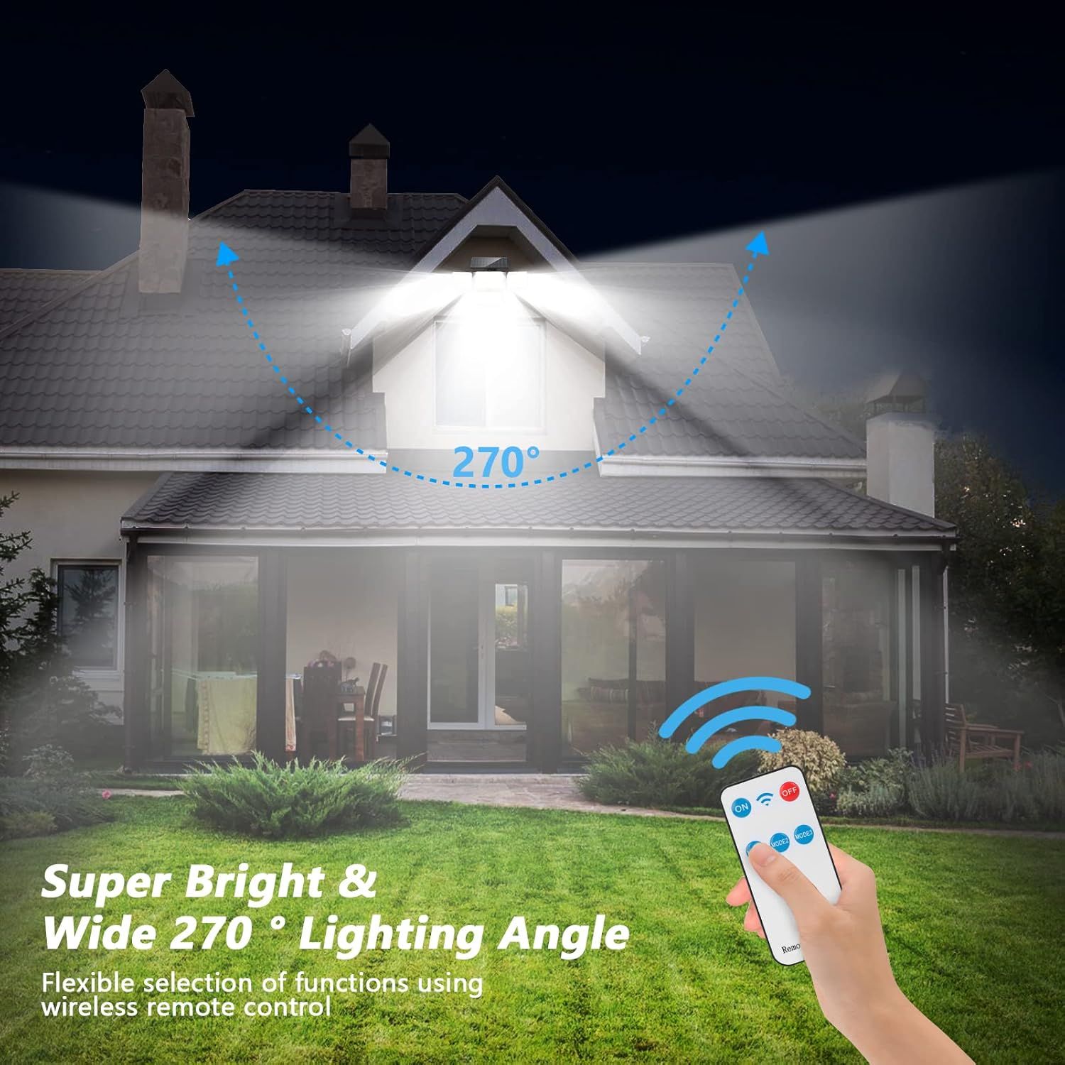 Communicates the product's wide 270-degree coverage angle to show shoppers how effectively the light illuminates a large outdoor area. Highlights the product's brightness, wide lighting coverage,…