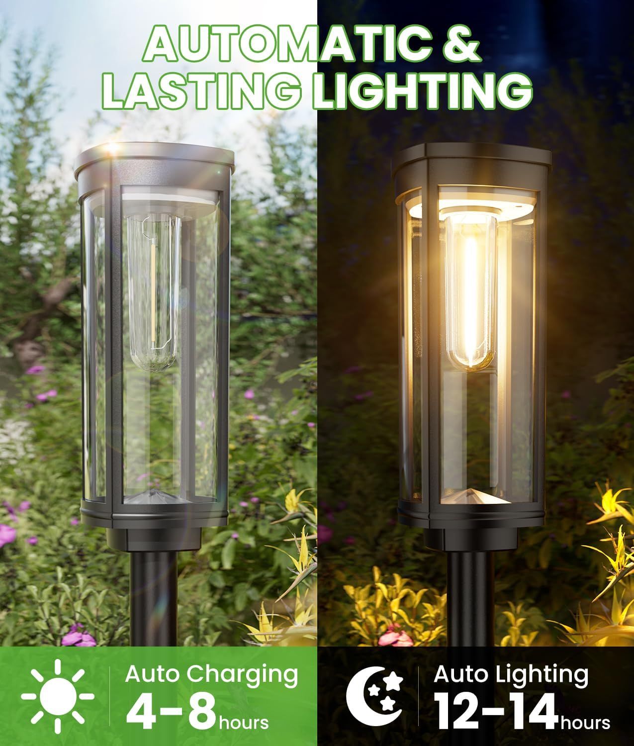 Demonstrates the product's automatic lighting feature by showing the same outdoor lamp in daytime (off) and nighttime (on) conditions, reassuring shoppers that it charges during the day and lights…