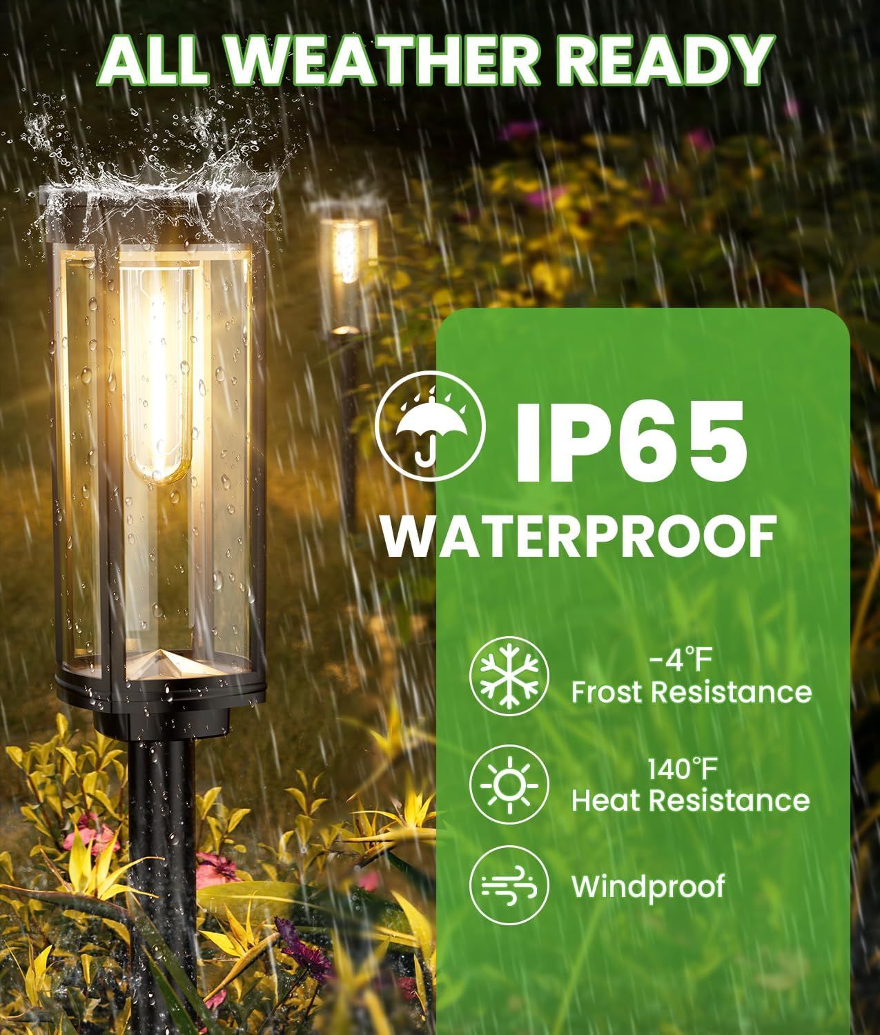 Communicates that the outdoor light is built to withstand all weather conditions including rain, extreme cold, heat, and wind, reassuring shoppers of its durability and year-round reliability.