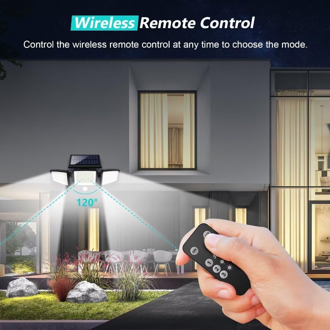 Highlights the convenience of controlling the solar security light remotely from anywhere using the included wireless remote, allowing users to easily choose lighting modes.