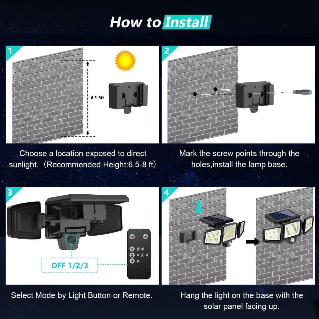 Provides clear step-by-step installation instructions for mounting and setting up the solar-powered outdoor light, helping shoppers understand the ease of installation process.