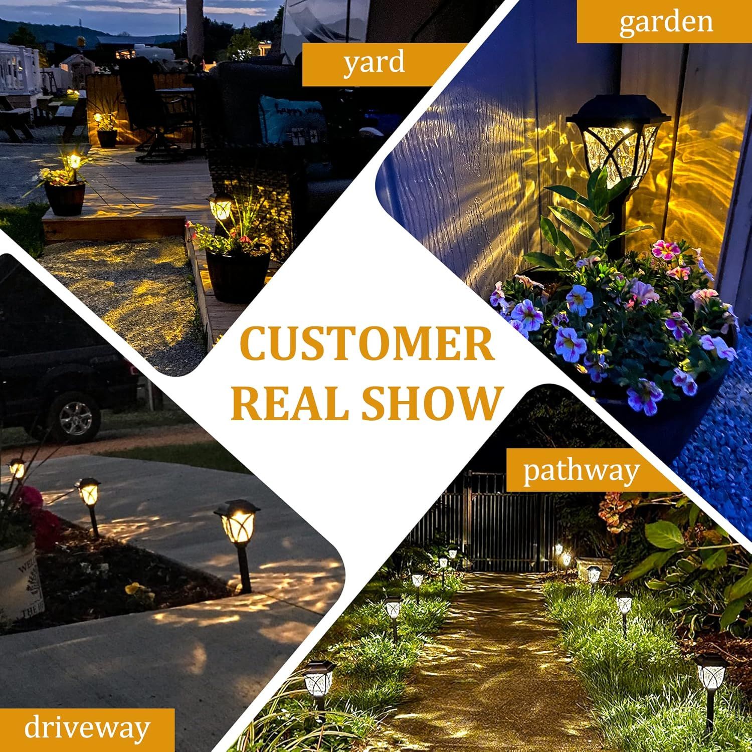 Demonstrates the versatility of the outdoor lighting product by showing it in four different outdoor environments, reassuring shoppers that it works effectively in multiple settings. Builds trust…