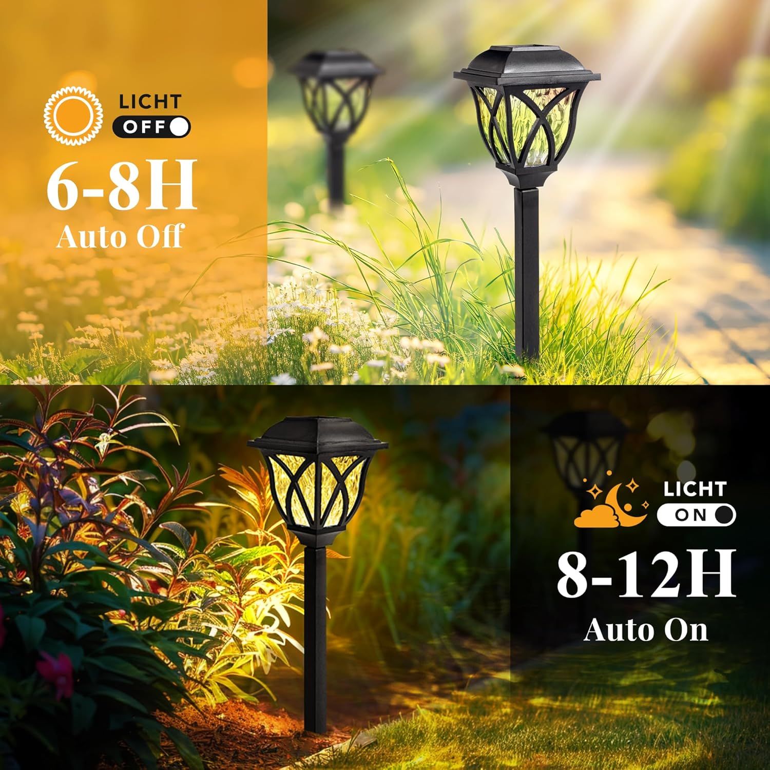 Communicates the automatic timer functionality of the solar garden lights, showing they turn on for 8-12 hours at night and off for 6-8 hours during the day, reassuring shoppers of convenient…