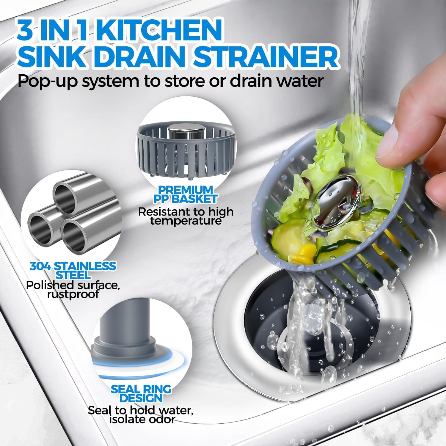 Communicates multiple distinct benefits of the drain strainer including its versatile 3-in-1 system, heat-resistant basket, rustproof stainless steel construction, and water-sealing design to…