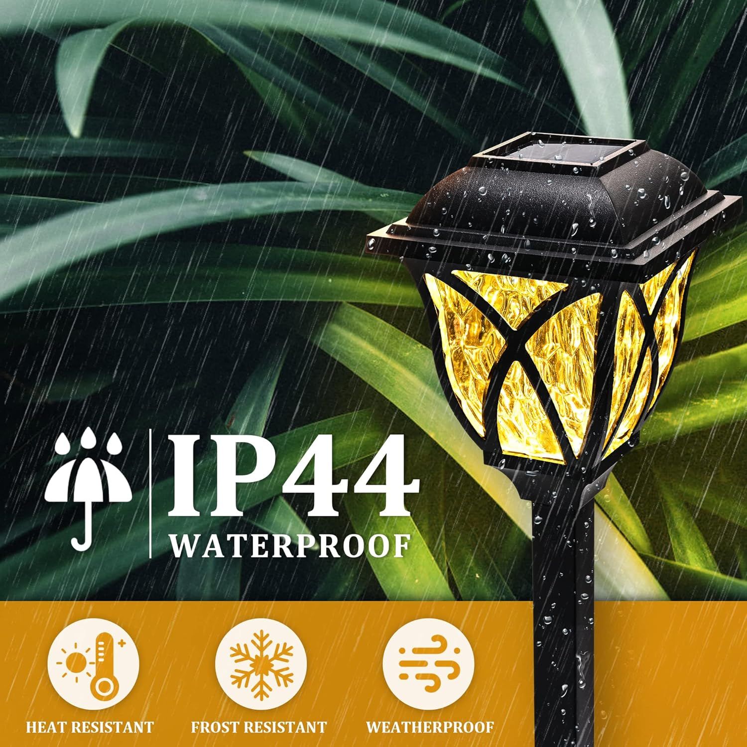 Communicates the solar lantern's durability across multiple weather conditions, reassuring shoppers it can withstand rain, heat, cold, and outdoor elements year-round.