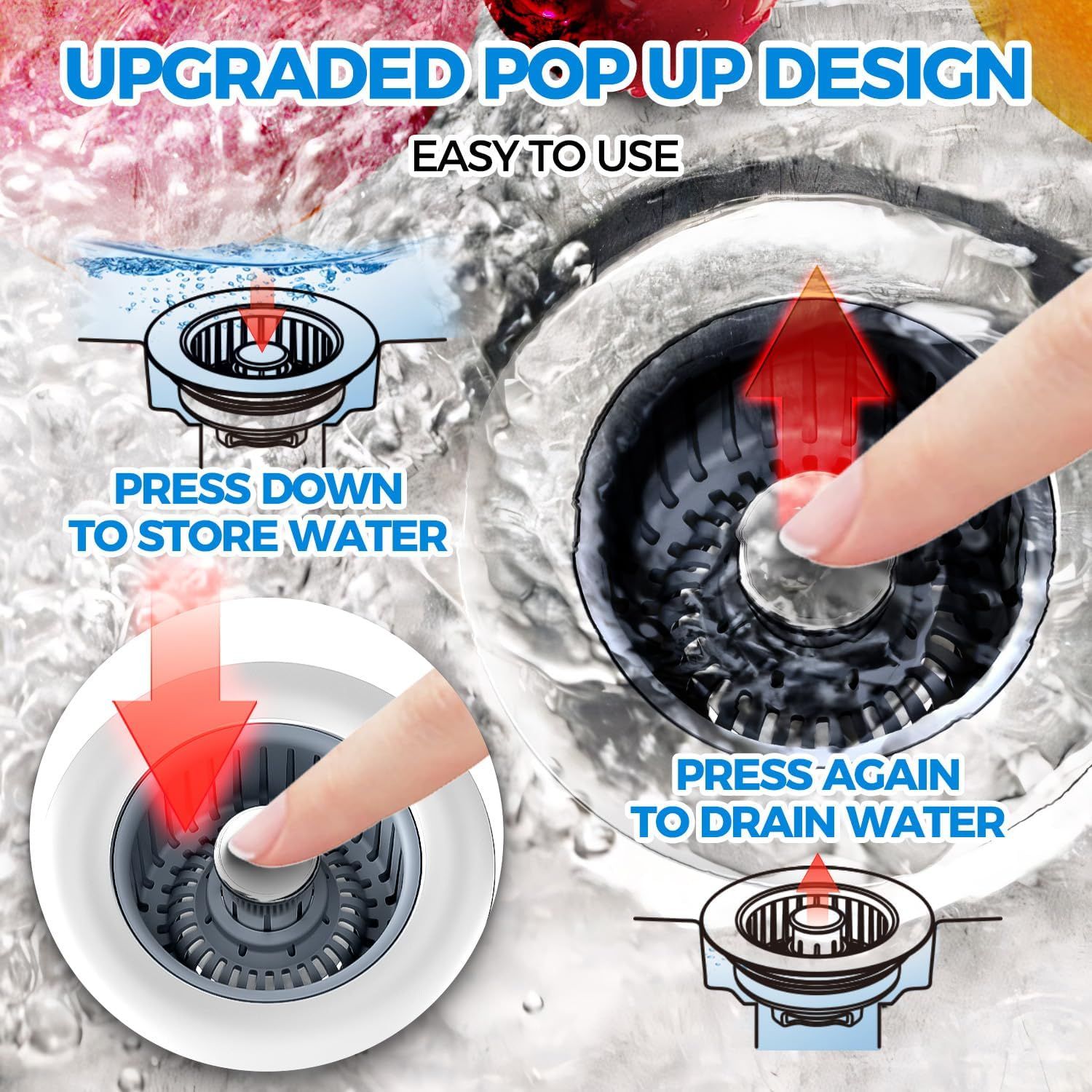 Demonstrates the step-by-step operation of the upgraded pop-up drain design, showing shoppers how to press down to store water and press again to drain, emphasizing ease of use. Highlights the…
